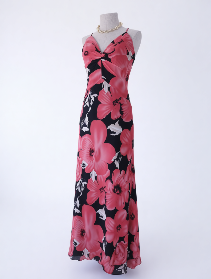 Vintage 2000s Y2K Maxi Cocktail Dress — Structured Bust, Floral Print & Open Back