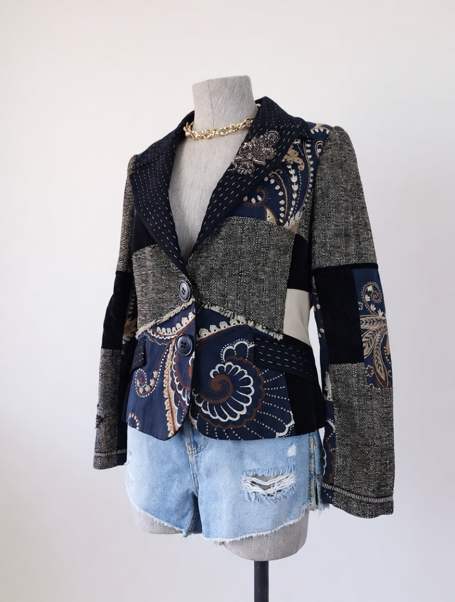 Vintage  Y2K Patchwork Blazer — Mixed Textures, Embroidery & Classic Cut
