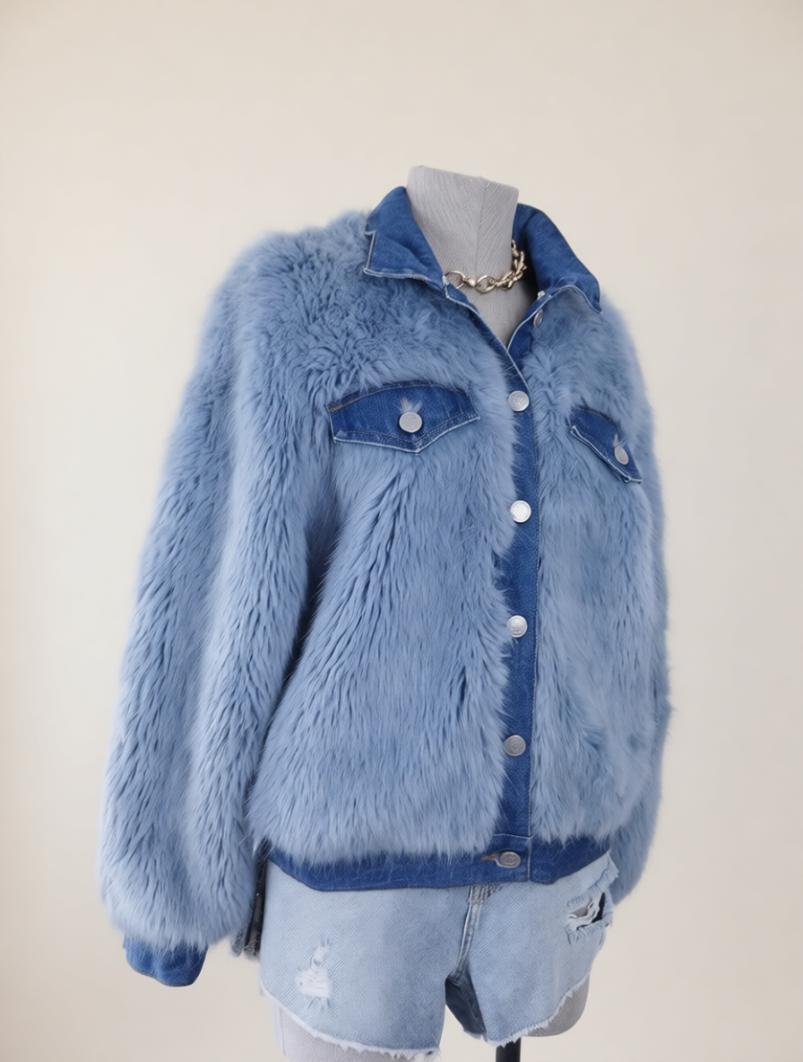 Vintage 2000s Y2K Denim Jacket — Light Blue Faux Fur Street Style Basic Outfit Upgrade