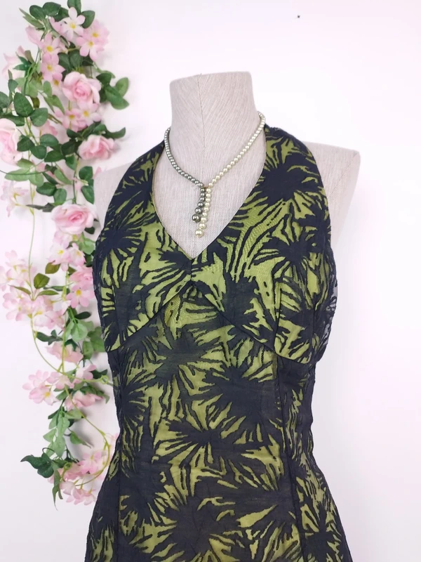 Olive green Y2K halter dress — Vintage 2000s sheer tulle cocktail