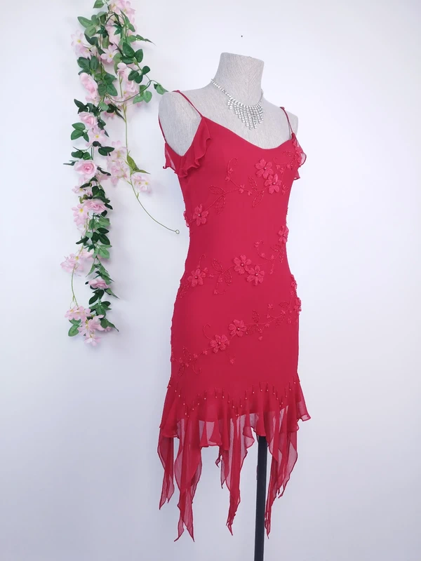 Red floral Y2K evening dress — Vintage 2000s slip asymmetrical party