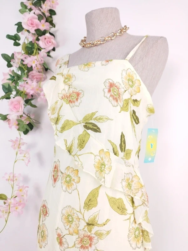 Cream floral asymmetrical Y2K dress — Vintage 2000s slip Ibiza summer
