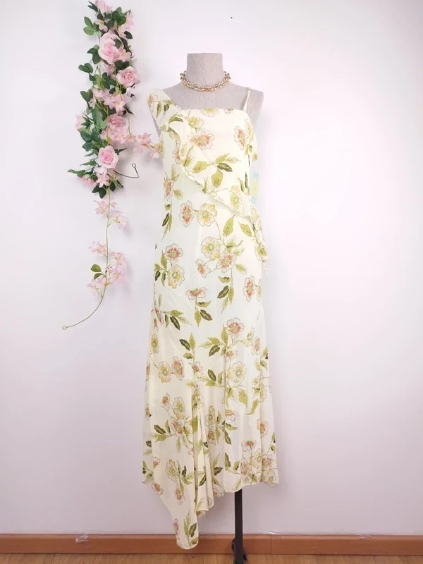 Cream floral asymmetrical Y2K dress — Vintage 2000s slip Ibiza summer