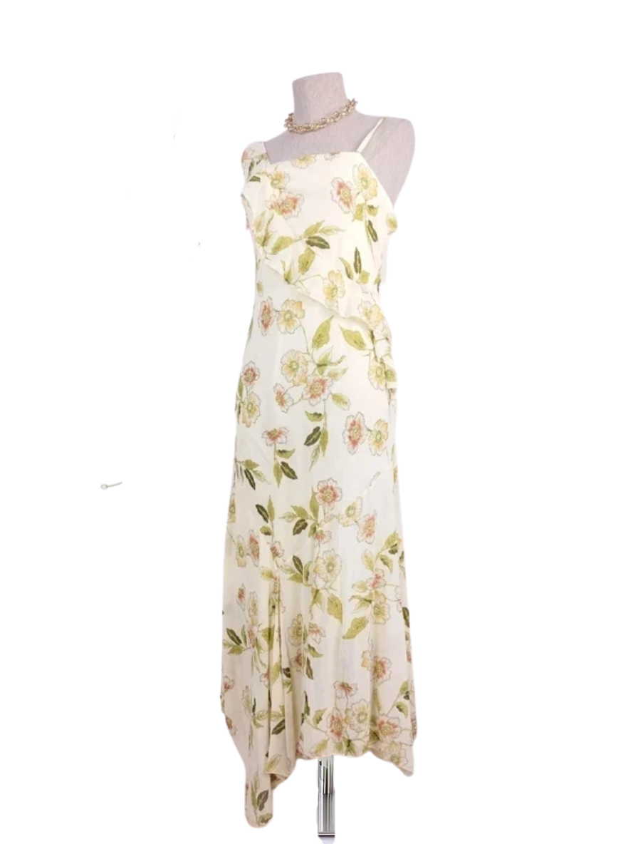 Cream floral asymmetrical Y2K dress — Vintage 2000s slip Ibiza summer