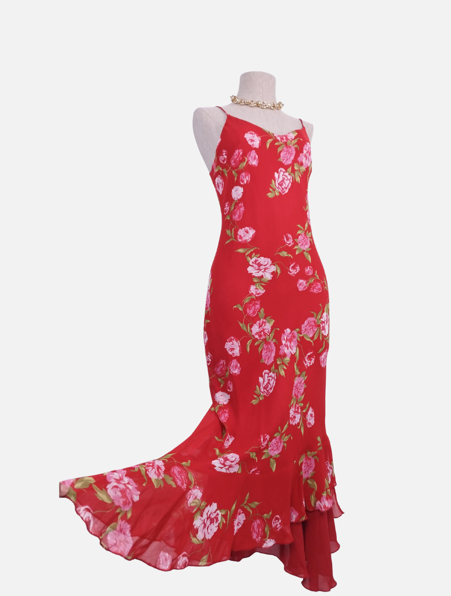 Vintage 90s Midi Dress — Slip Style, Red Chiffon &amp; Pink Floral Print