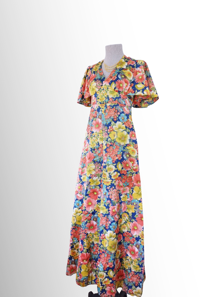 Vintage 90s Maxi Dress — V-Neck, Ruffle Sleeves, Empire Waist & Floral Satin