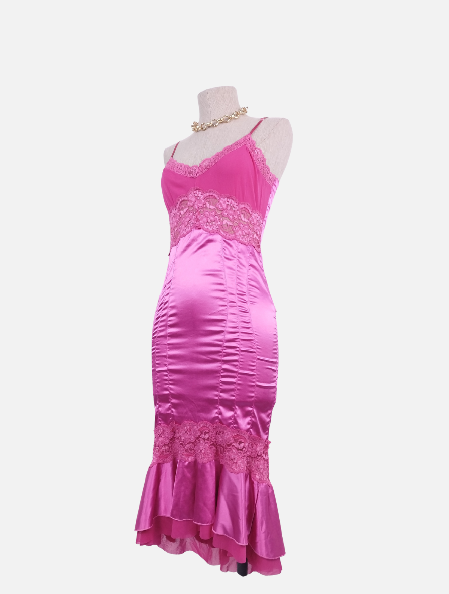 Vintage 2000s Slip Dress — Tulle Bust, Fuchsia Satin Skirt & Lace Trim