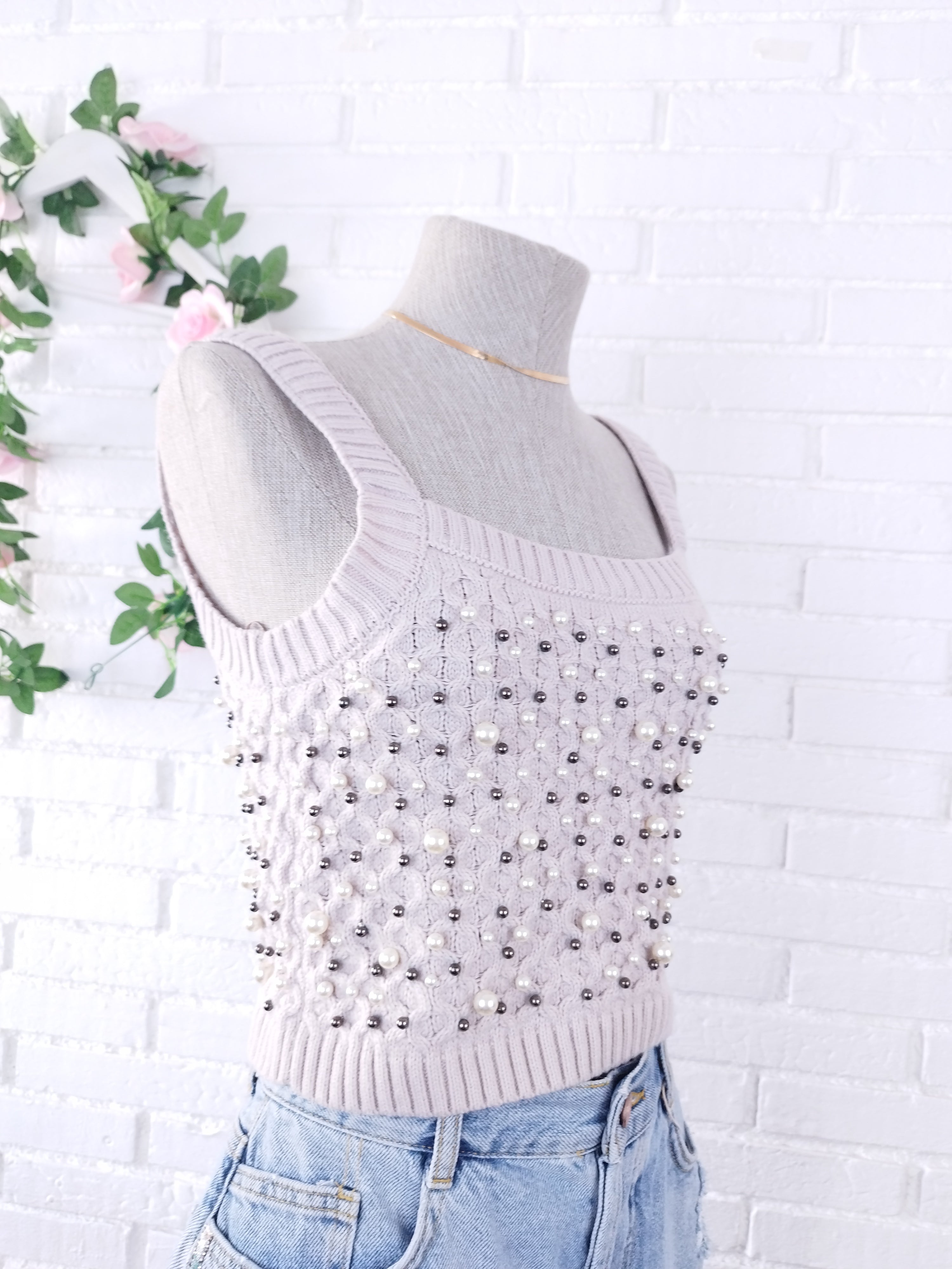 Conjunto de ZARA Cárdigan + Top Punto Trenzado con Perlas