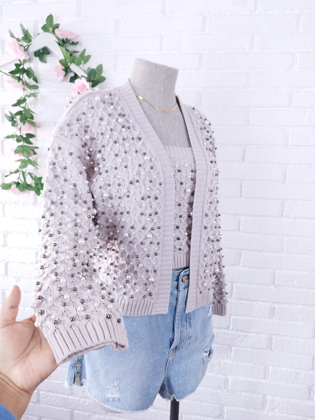 Conjunto de ZARA Cárdigan + Top Punto Trenzado con Perlas