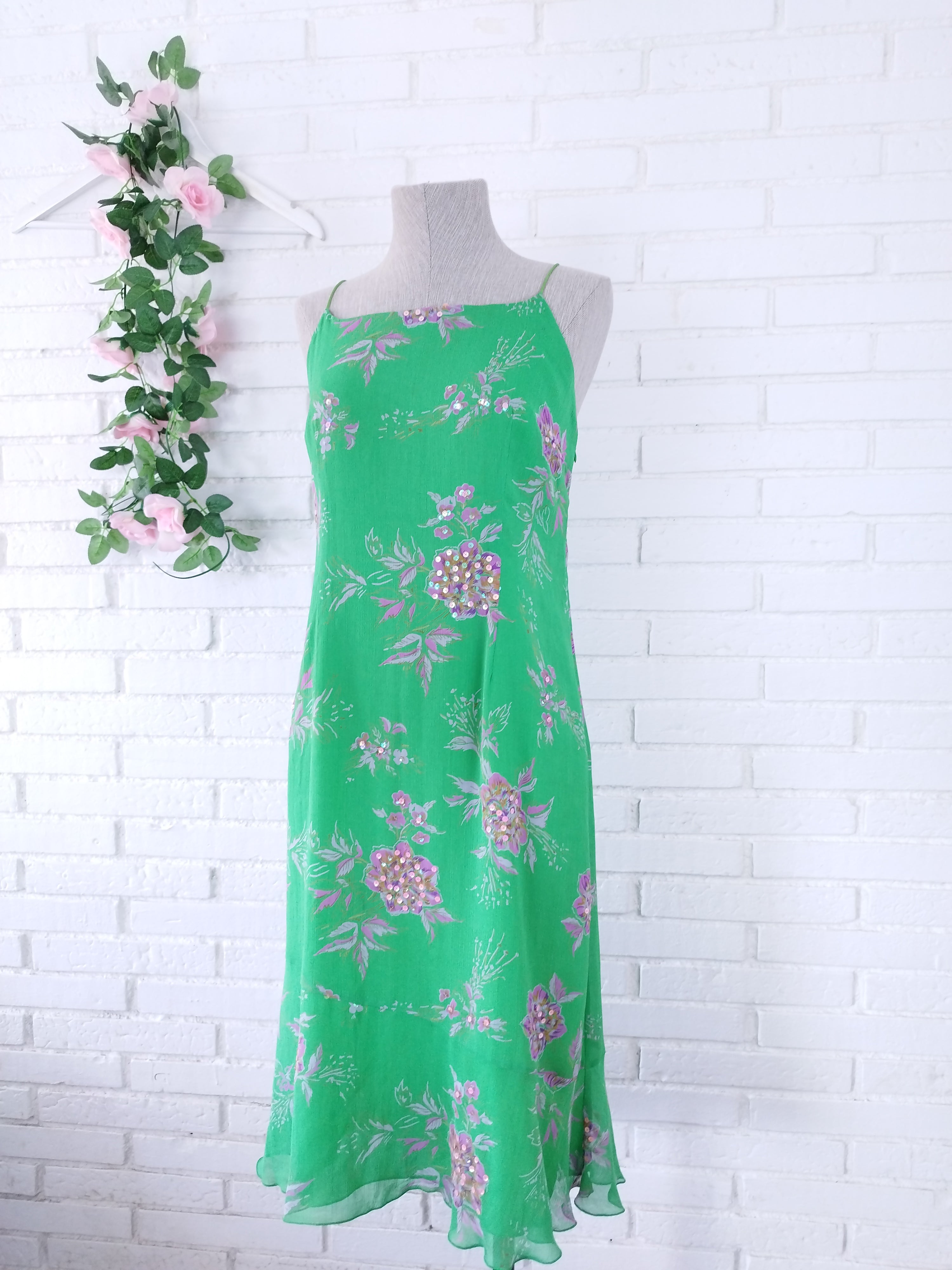 Vintage 90s Slip Dress — Green Floral, Rose Sequins & Loose Fit