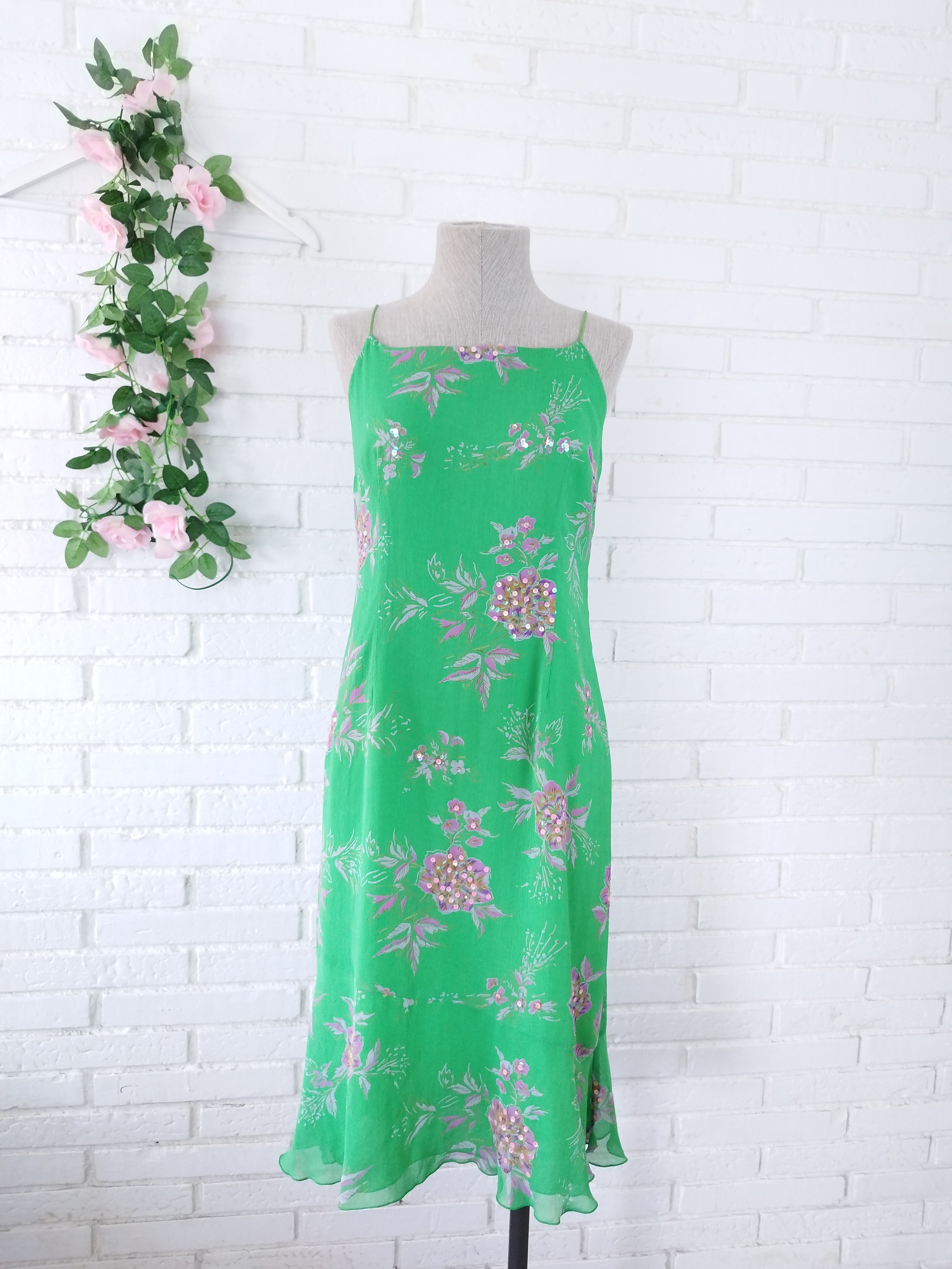 Vintage 90s Slip Dress — Green Floral, Rose Sequins & Loose Fit