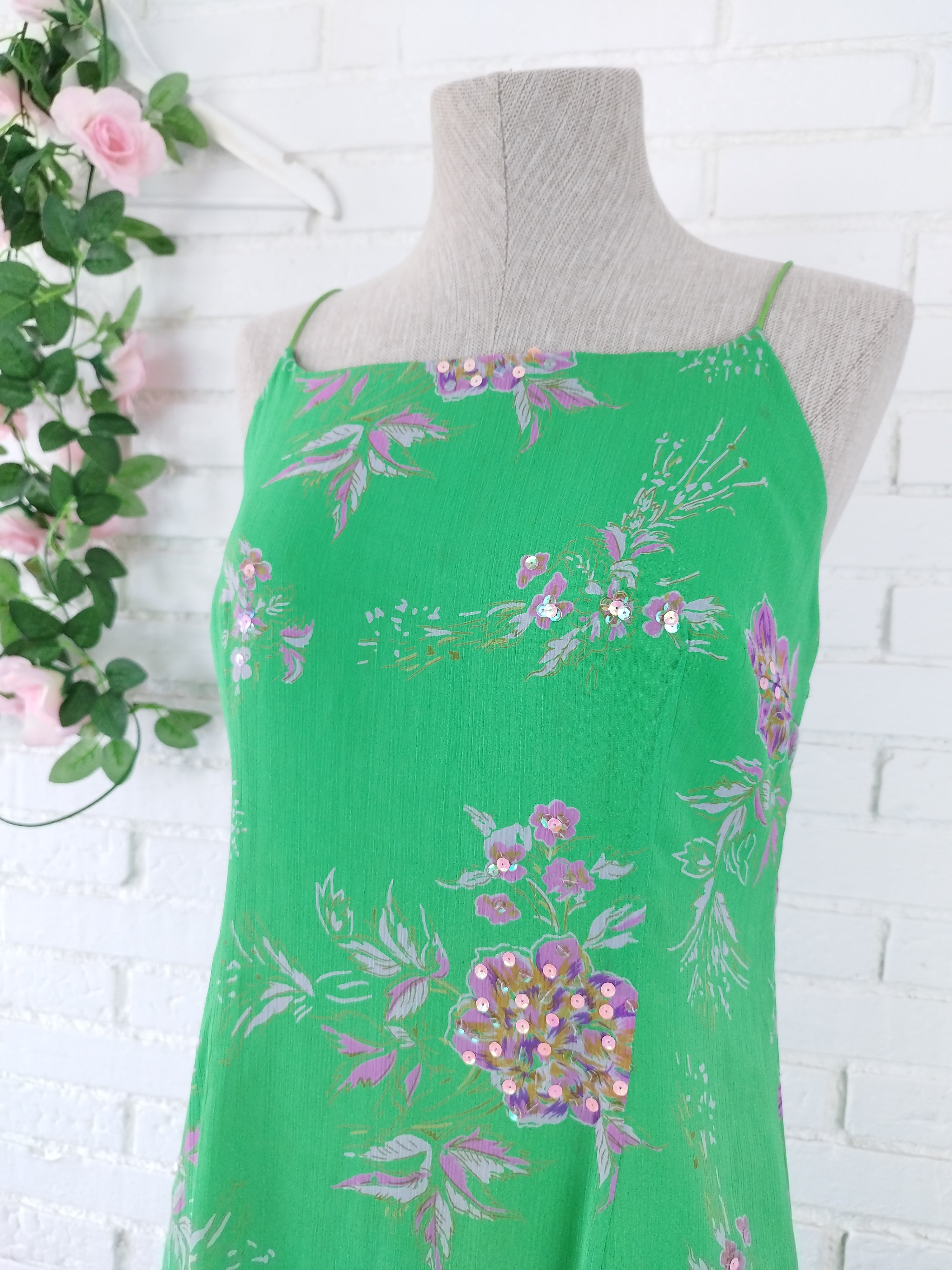 Vintage 90s Slip Dress — Green Floral, Rose Sequins & Loose Fit