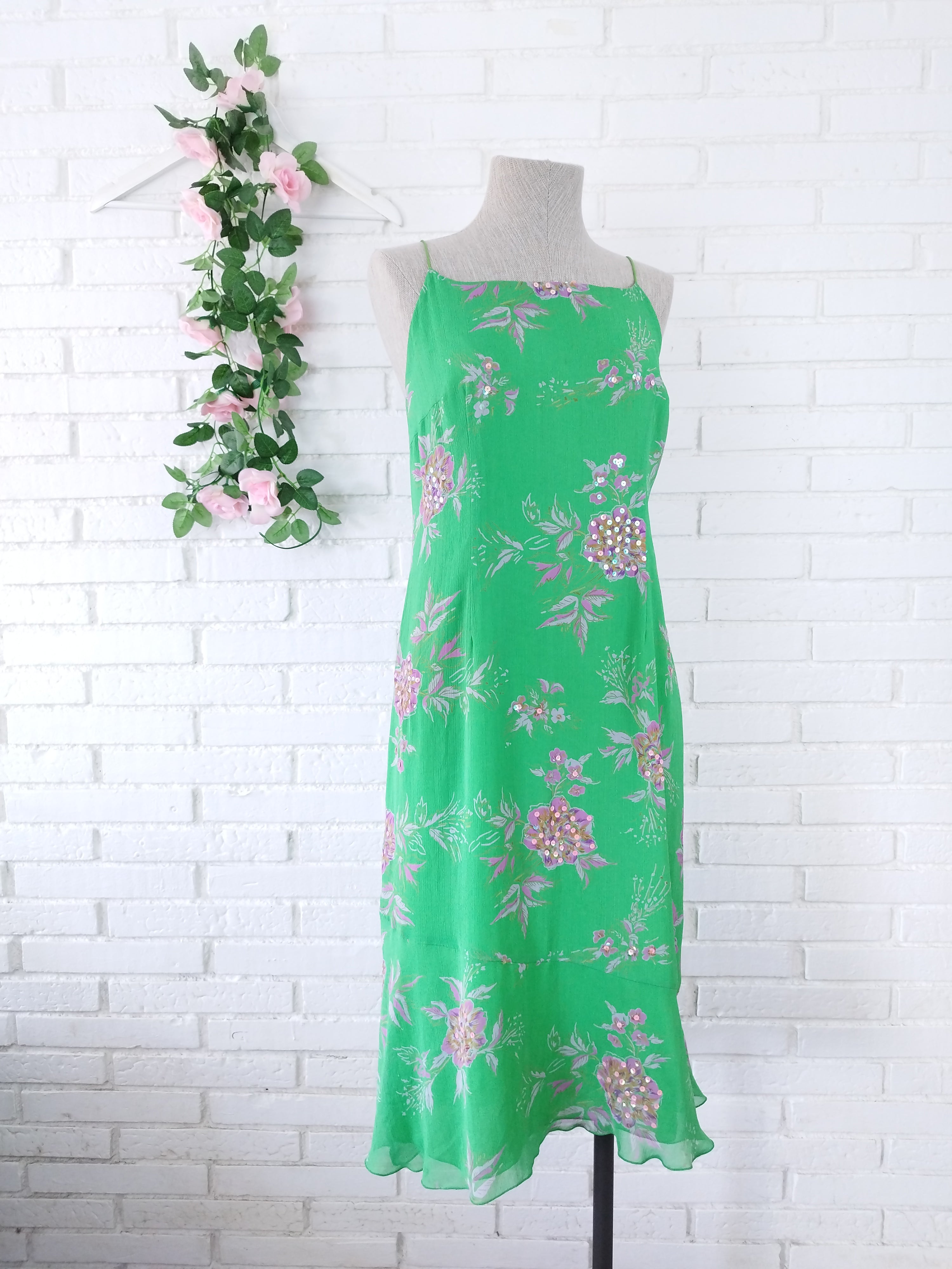 Vintage 90s Slip Dress — Green Floral, Rose Sequins & Loose Fit