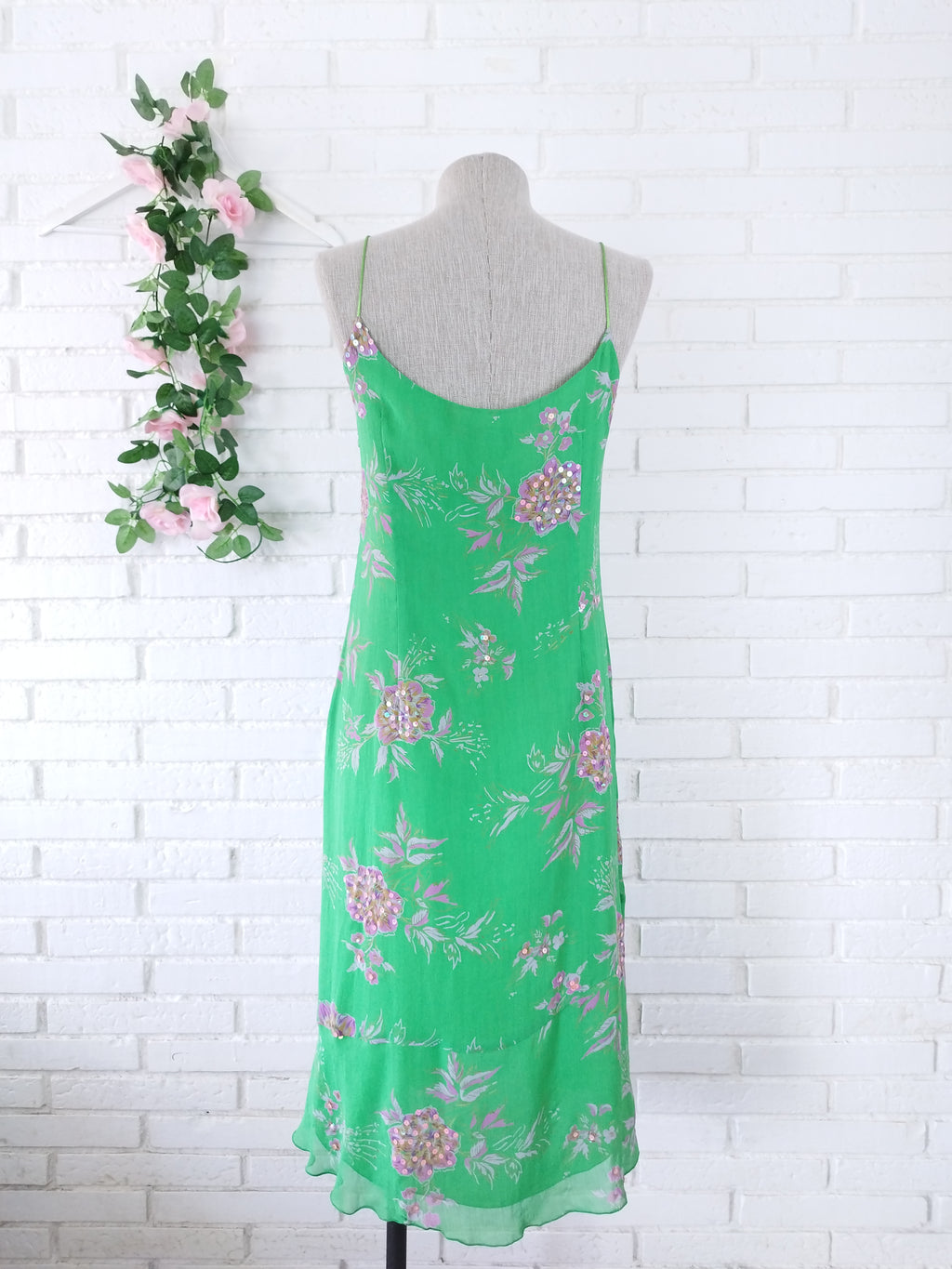 Vintage 90s Slip Dress — Green Floral, Rose Sequins & Loose Fit