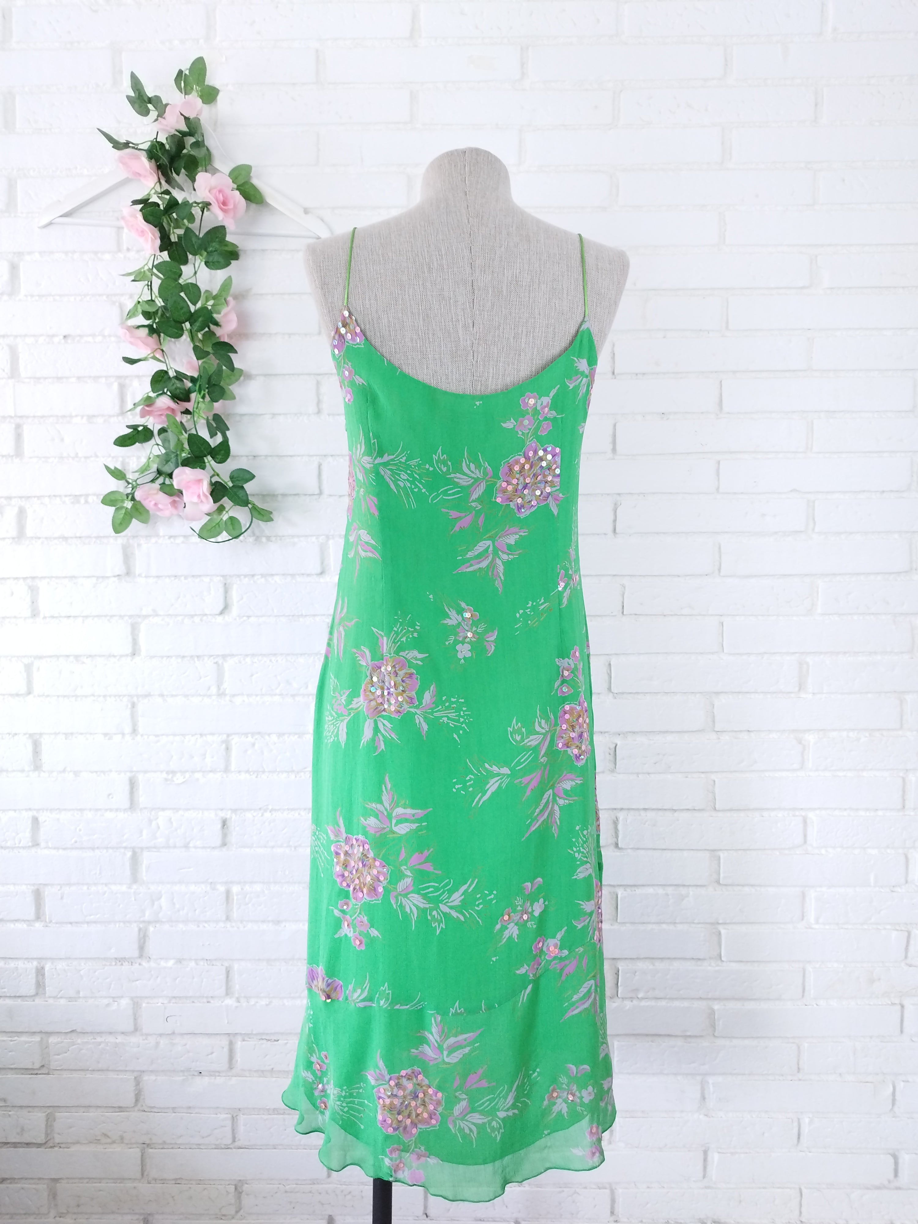 Vintage 90s Slip Dress — Green Floral, Rose Sequins & Loose Fit