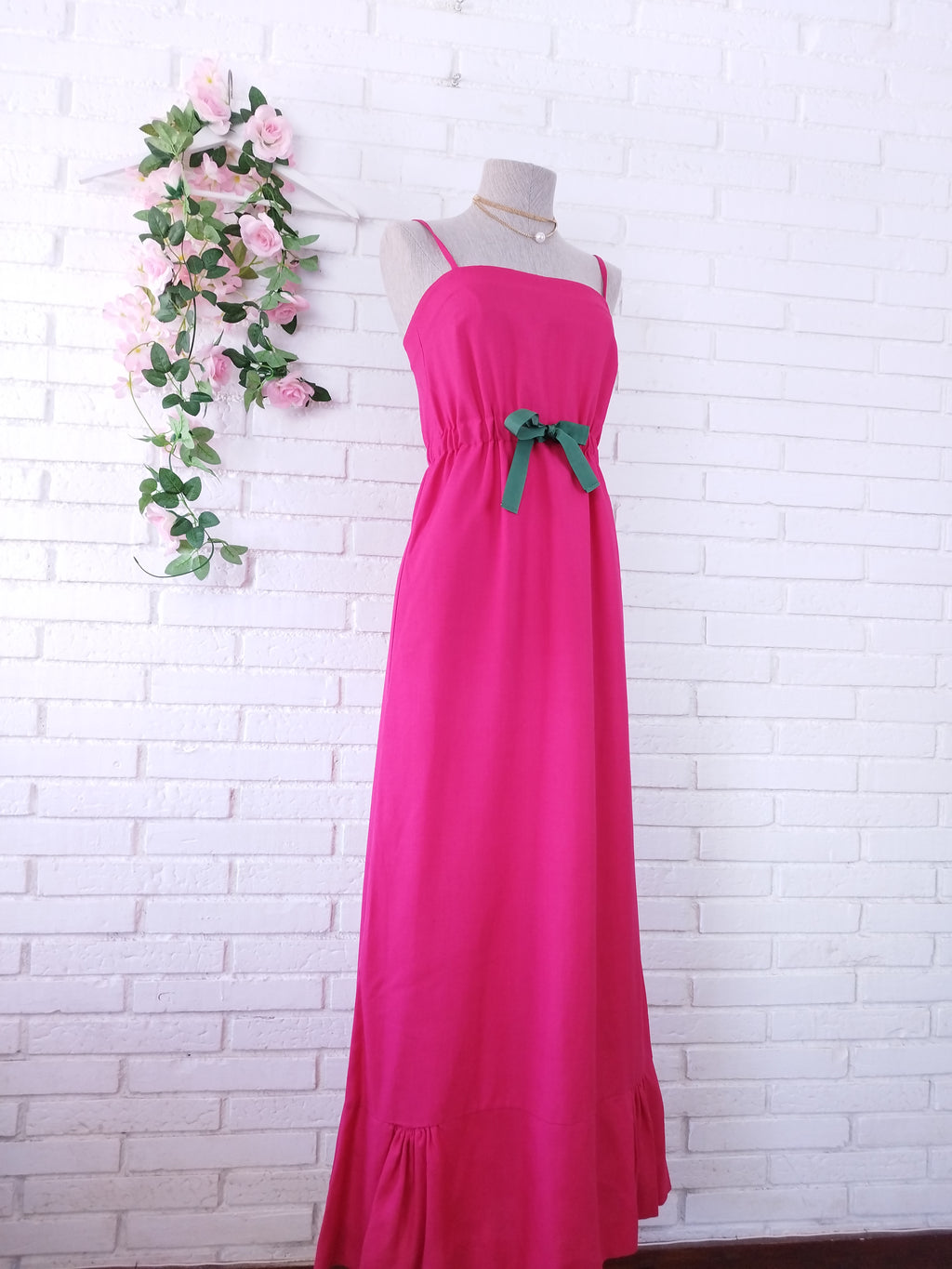 Vintage 90s Fuchsia Maxi Slip Dress — Linen-Look Fabric, Green Ribbon Waist, Ruffled Hem & Handmade