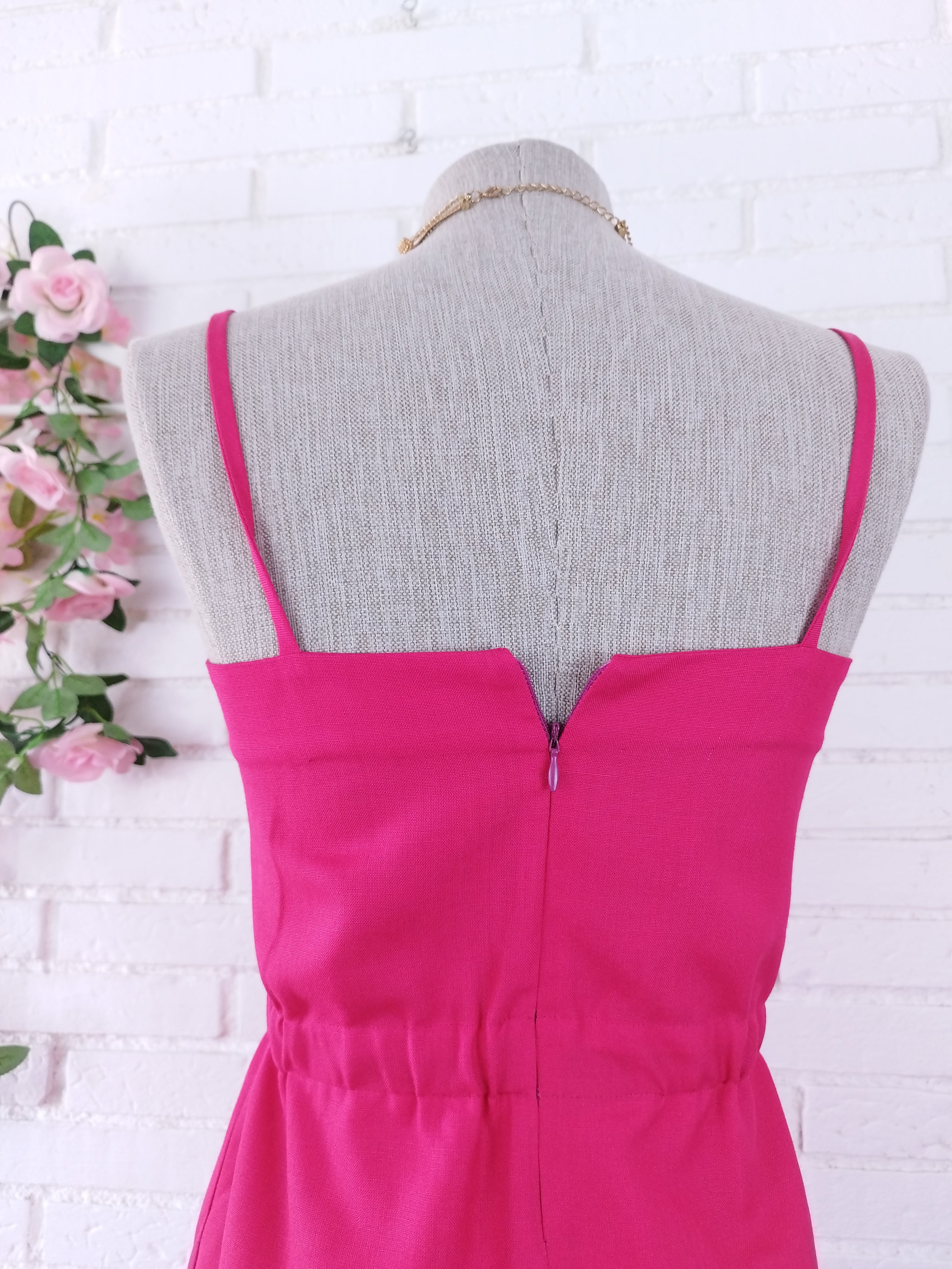 Vintage 90s Fuchsia Maxi Slip Dress — Linen-Look Fabric, Green Ribbon Waist, Ruffled Hem & Handmade