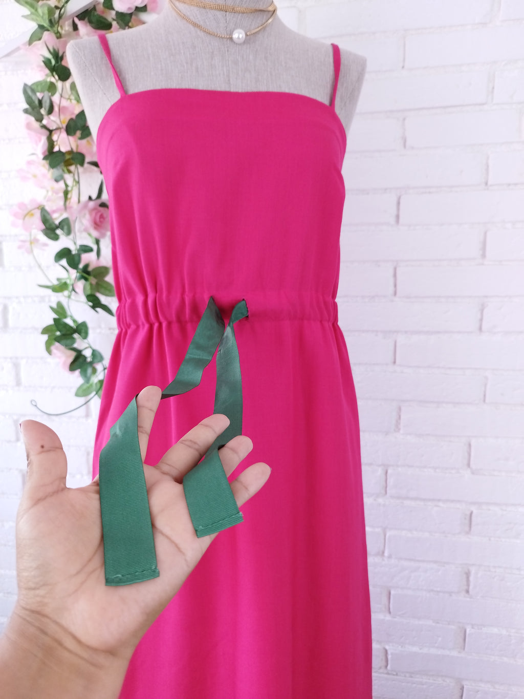 Vintage 90s Fuchsia Maxi Slip Dress — Linen-Look Fabric, Green Ribbon Waist, Ruffled Hem & Handmade
