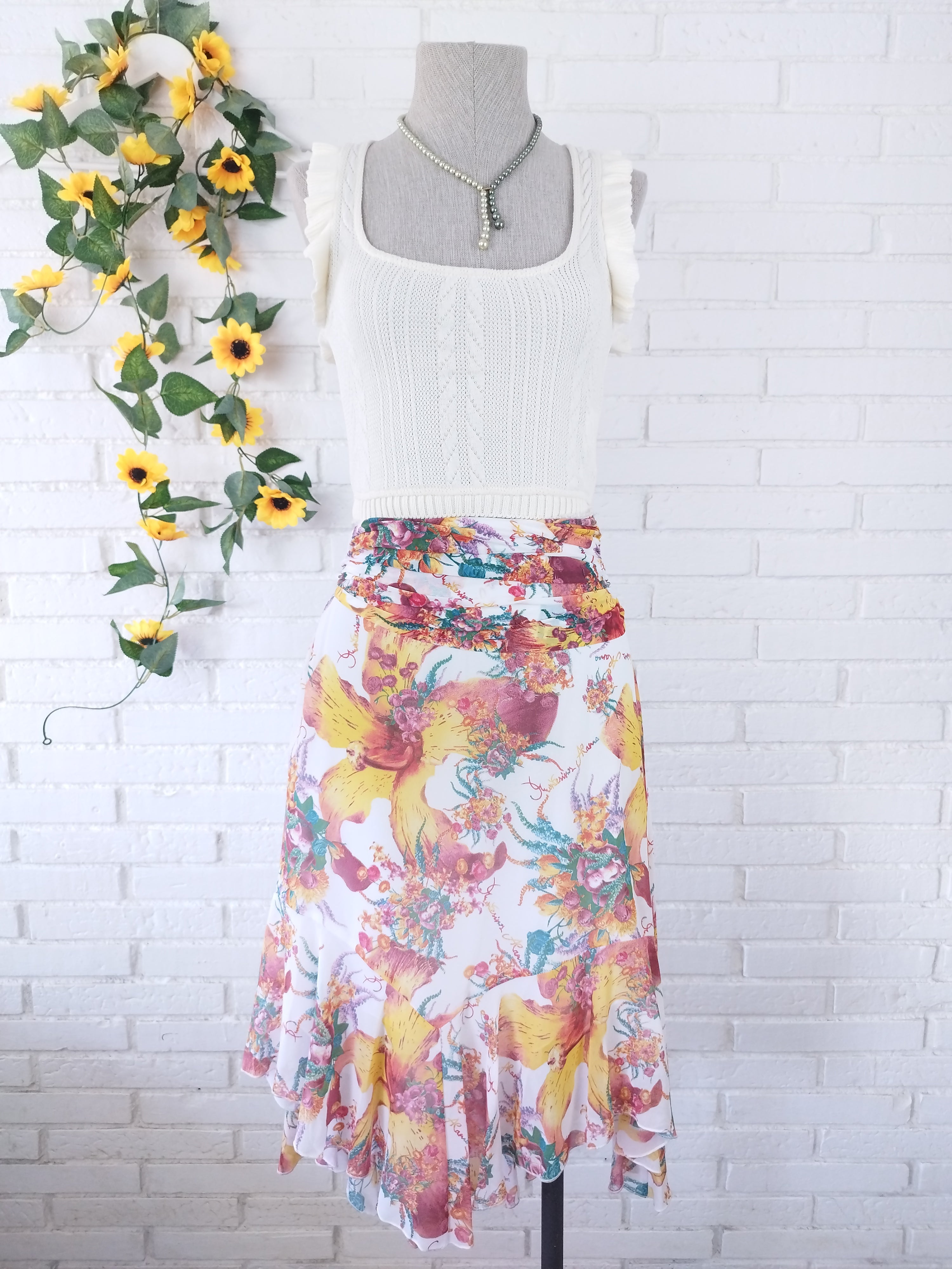 Montesinos Alama Vintage 90s Skirt — Ruched Waist, Asymmetric Hem & Tulle Print