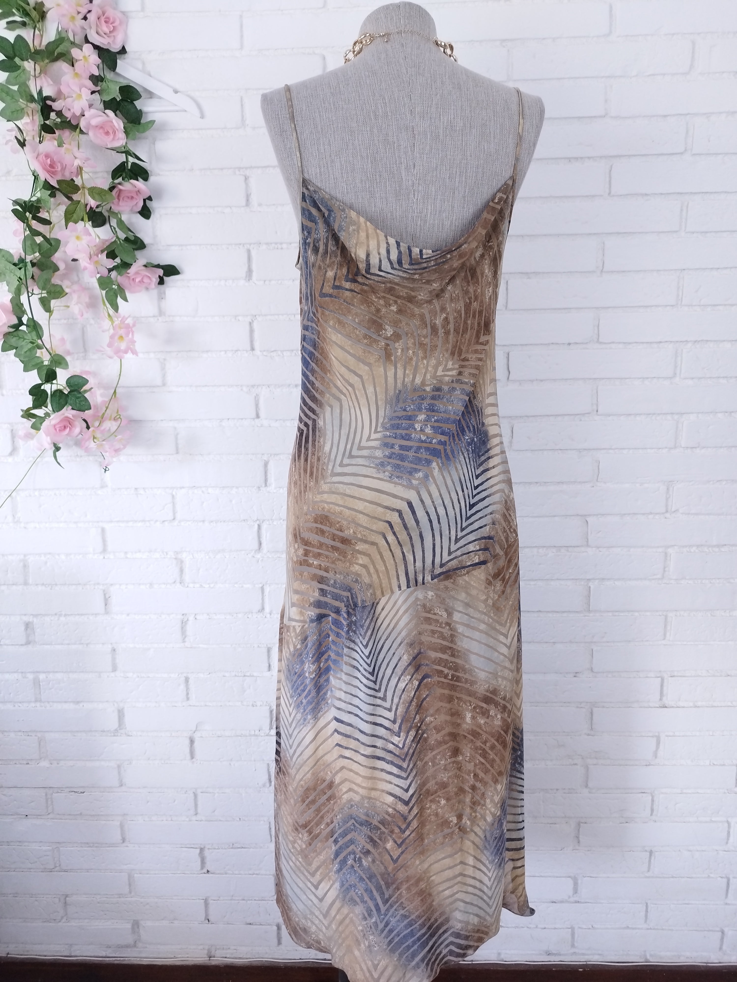 Vintage 2000s Y2K Midi Dress — Draped Neck, Asymmetric Stripe &amp; Fluid Chiffon