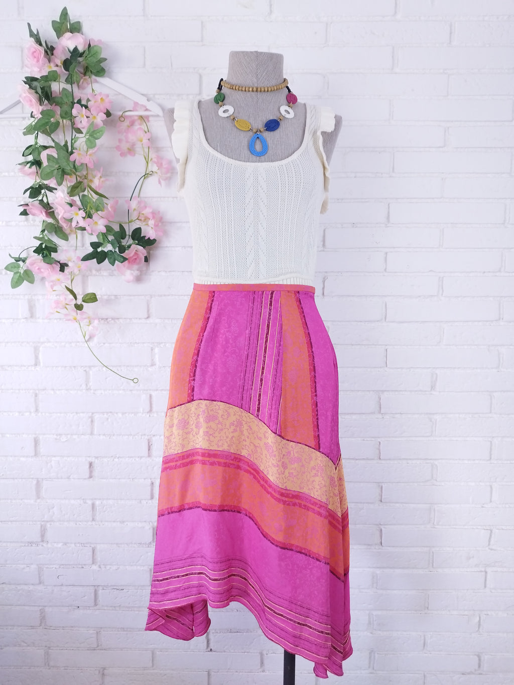 Vintage 2000s Y2K Asymmetric Skirt — Fuchsia Patchwork & Fluid Viscose