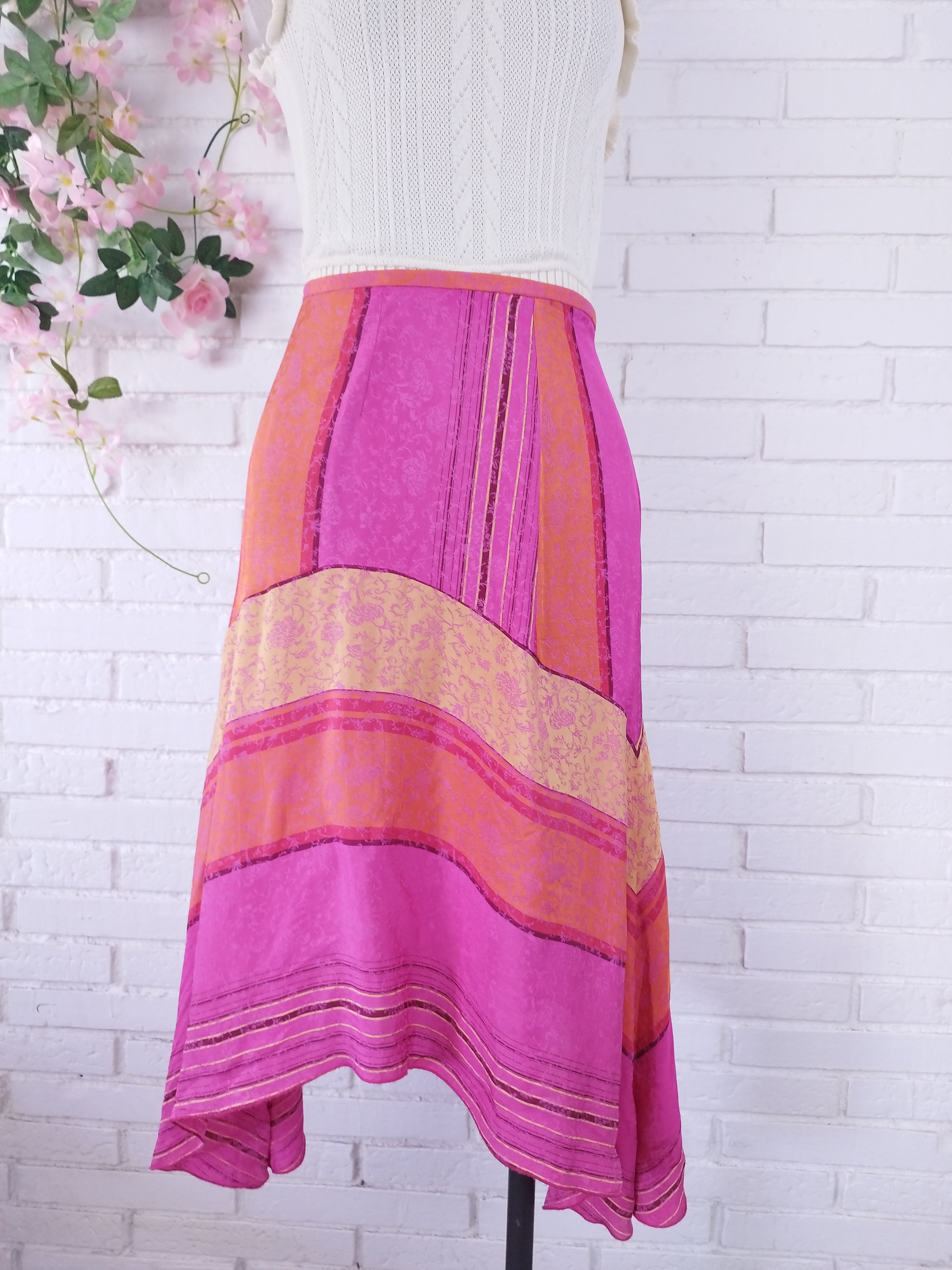 Vintage 2000s Y2K Asymmetric Skirt — Fuchsia Patchwork & Fluid Viscose