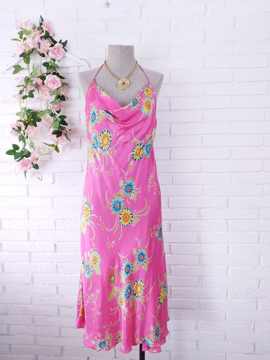 Vintage 90s Maxi Dress — Halter Neck, Fuchsia Satin & Bold Floral Print