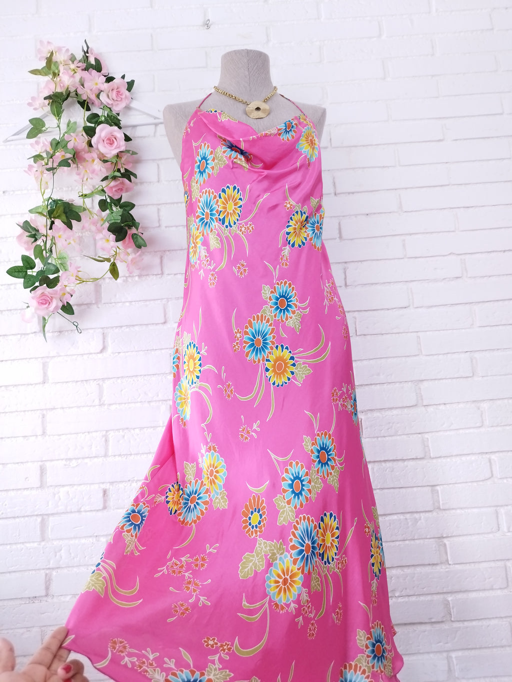 Vintage 90s Maxi Dress — Halter Neck, Fuchsia Satin & Bold Floral Print