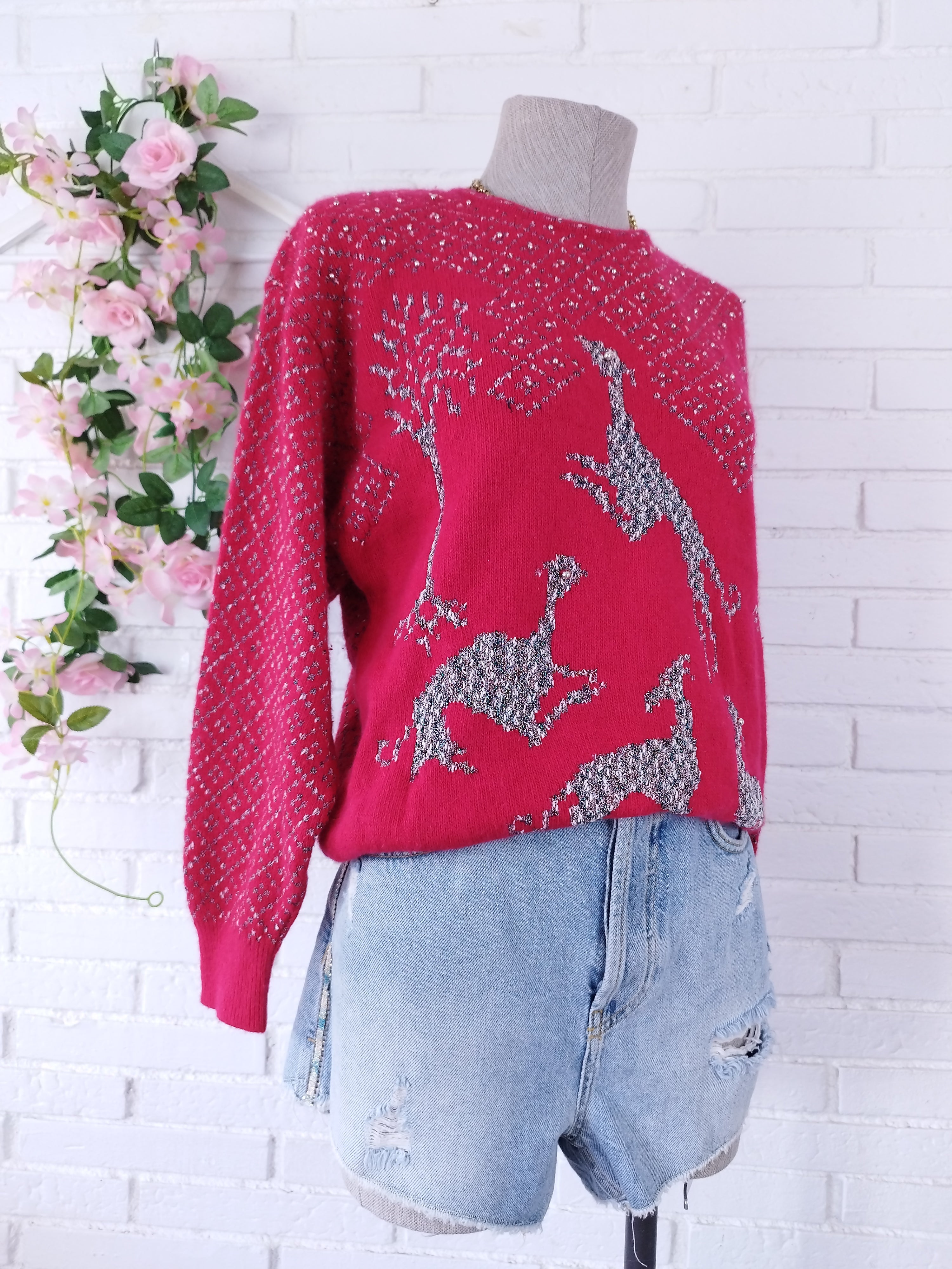 Vintage 90s Knit Sweater — Round Neck, Greyhound Print & Angora-Wool Blend