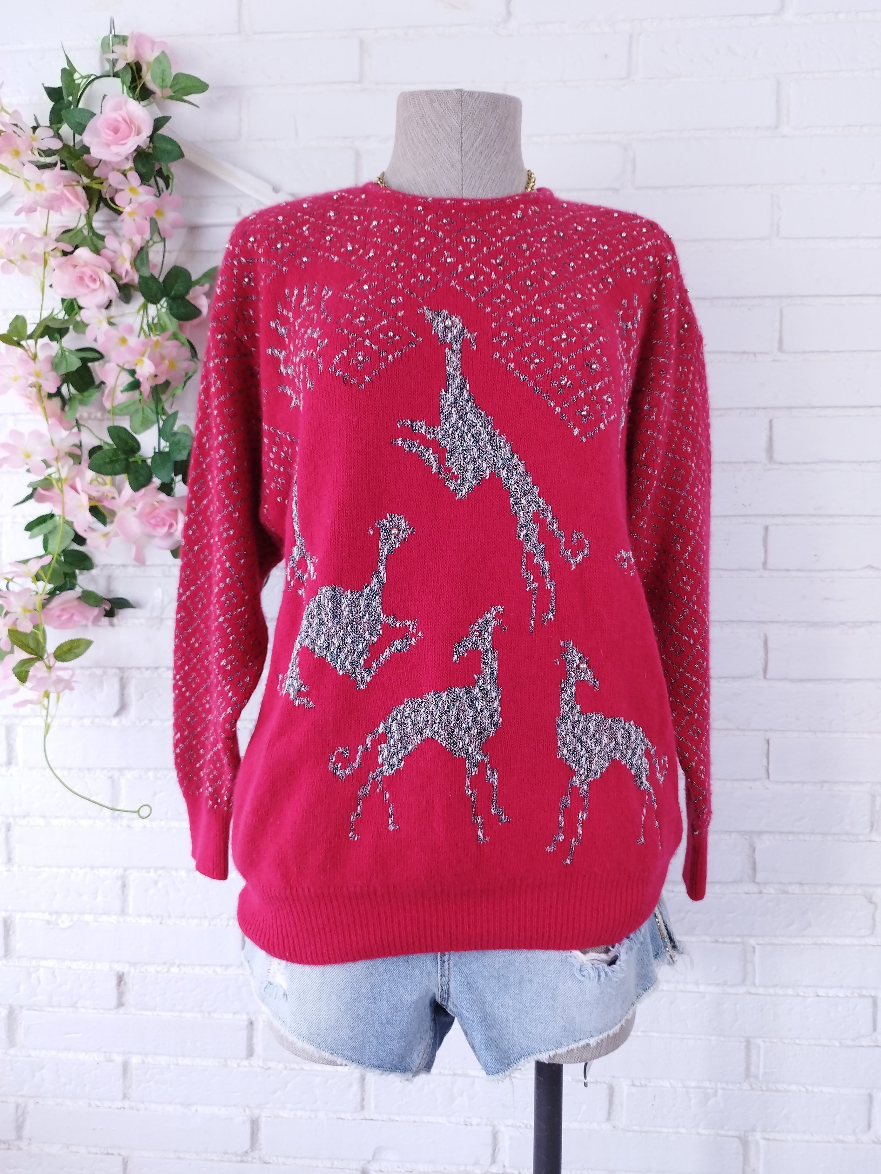 Vintage 90s Knit Sweater — Round Neck, Greyhound Print & Angora-Wool Blend