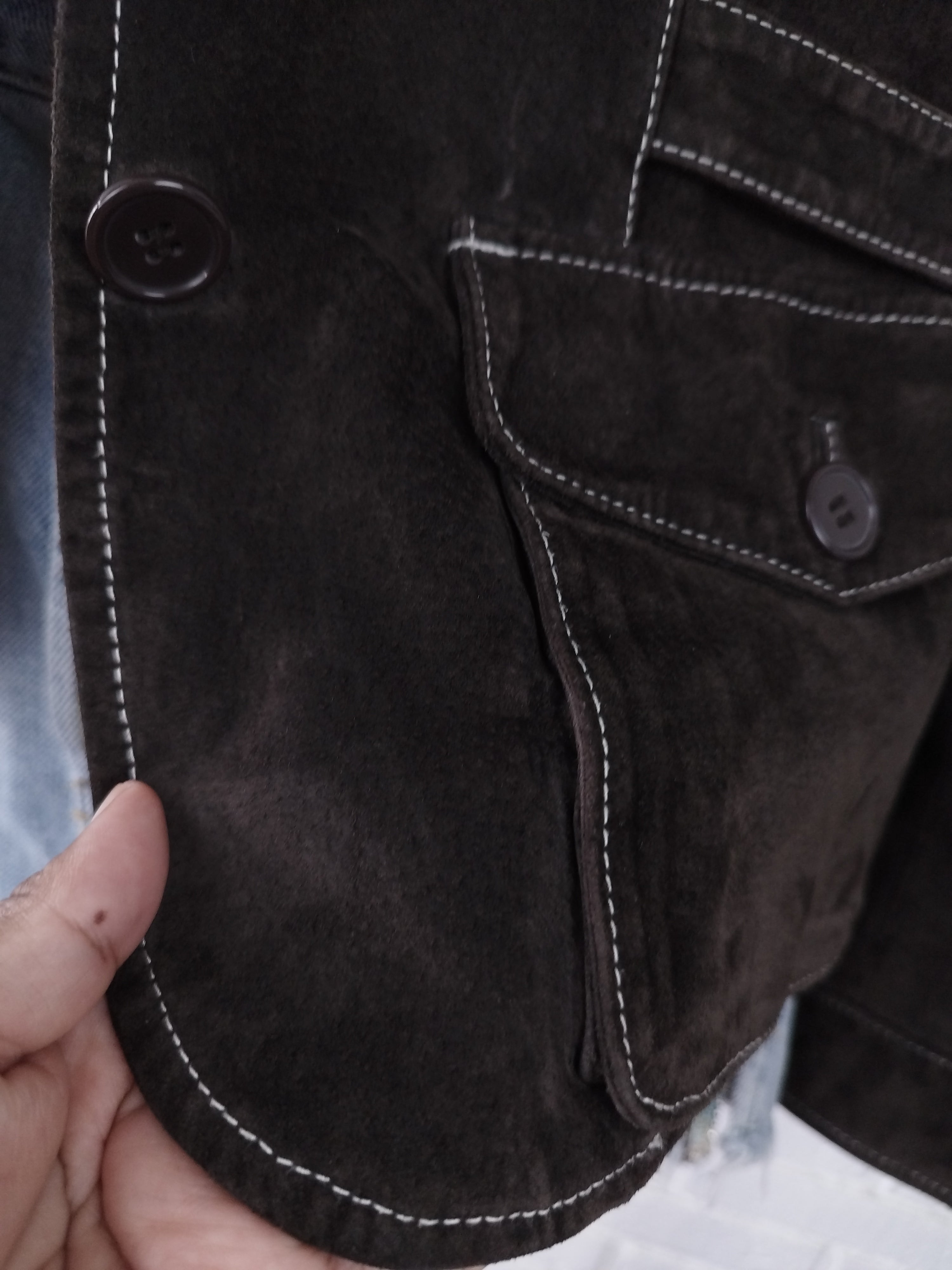 Vintage 90s Suede Blazer — Brown Leather, White Stitching & 4 Pockets