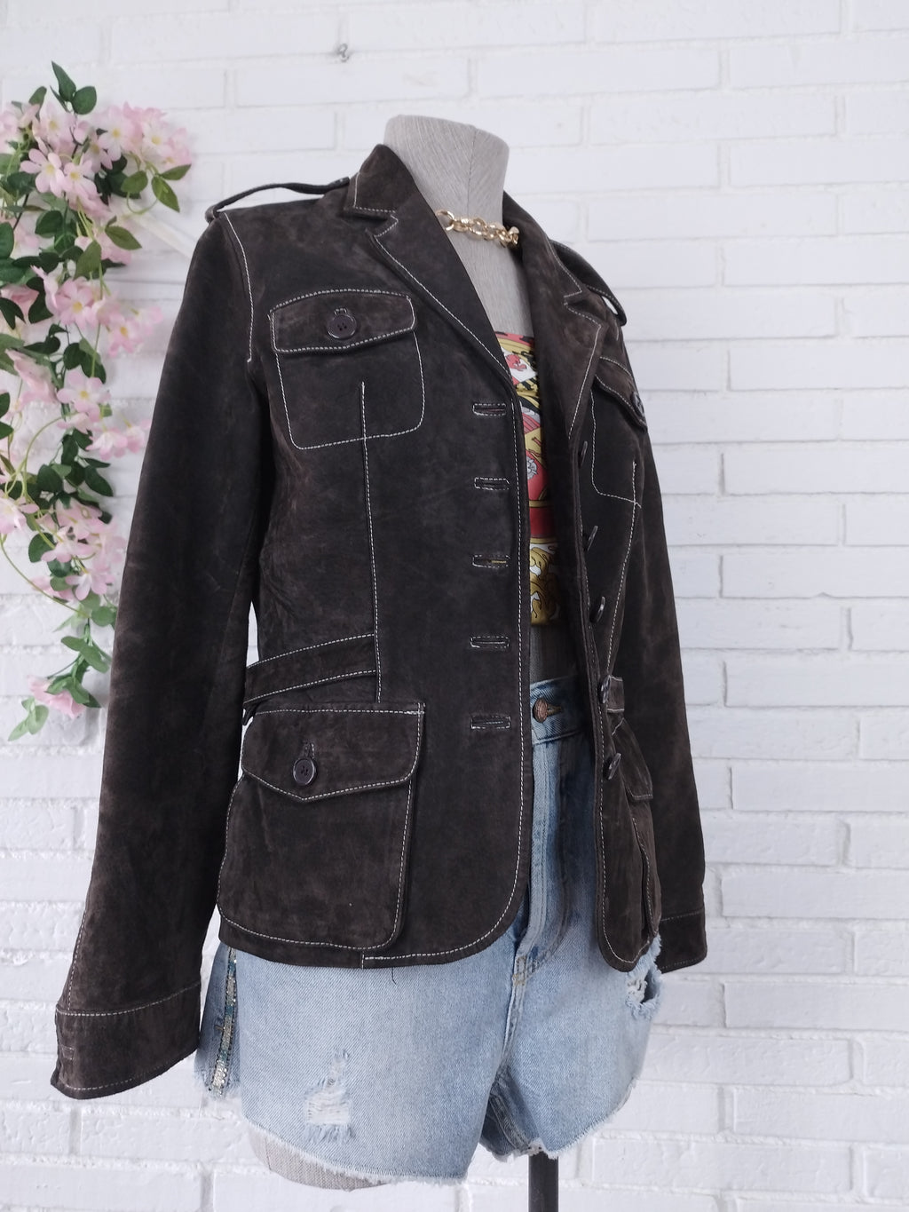 Vintage 90s Suede Blazer — Brown Leather, White Stitching & 4 Pockets