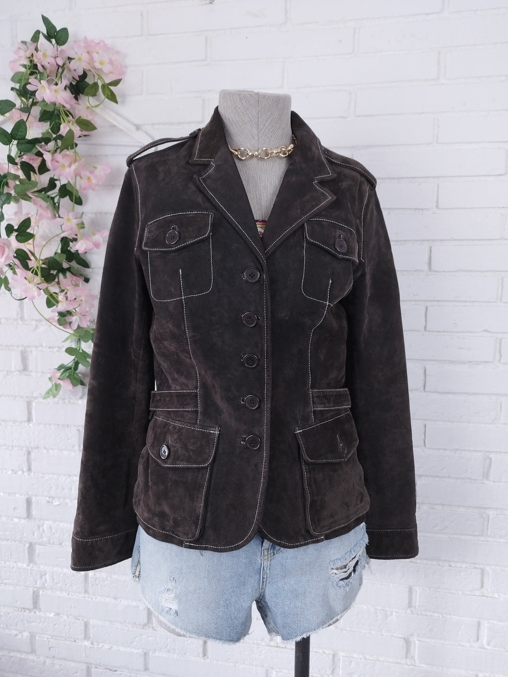 Vintage 90s Suede Blazer — Brown Leather, White Stitching & 4 Pockets