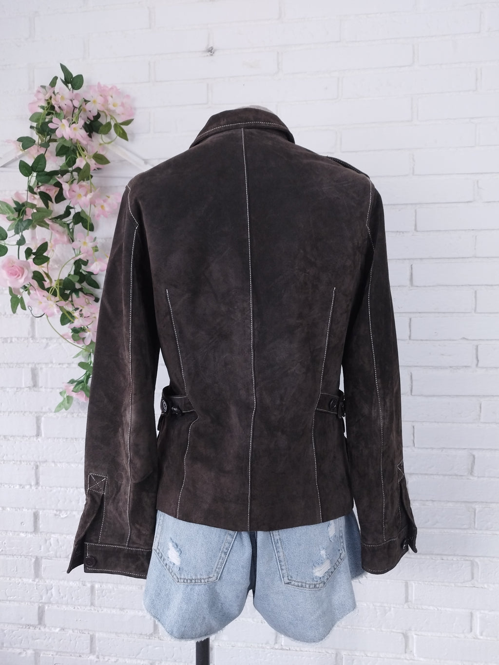 Vintage 90s Suede Blazer — Brown Leather, White Stitching & 4 Pockets