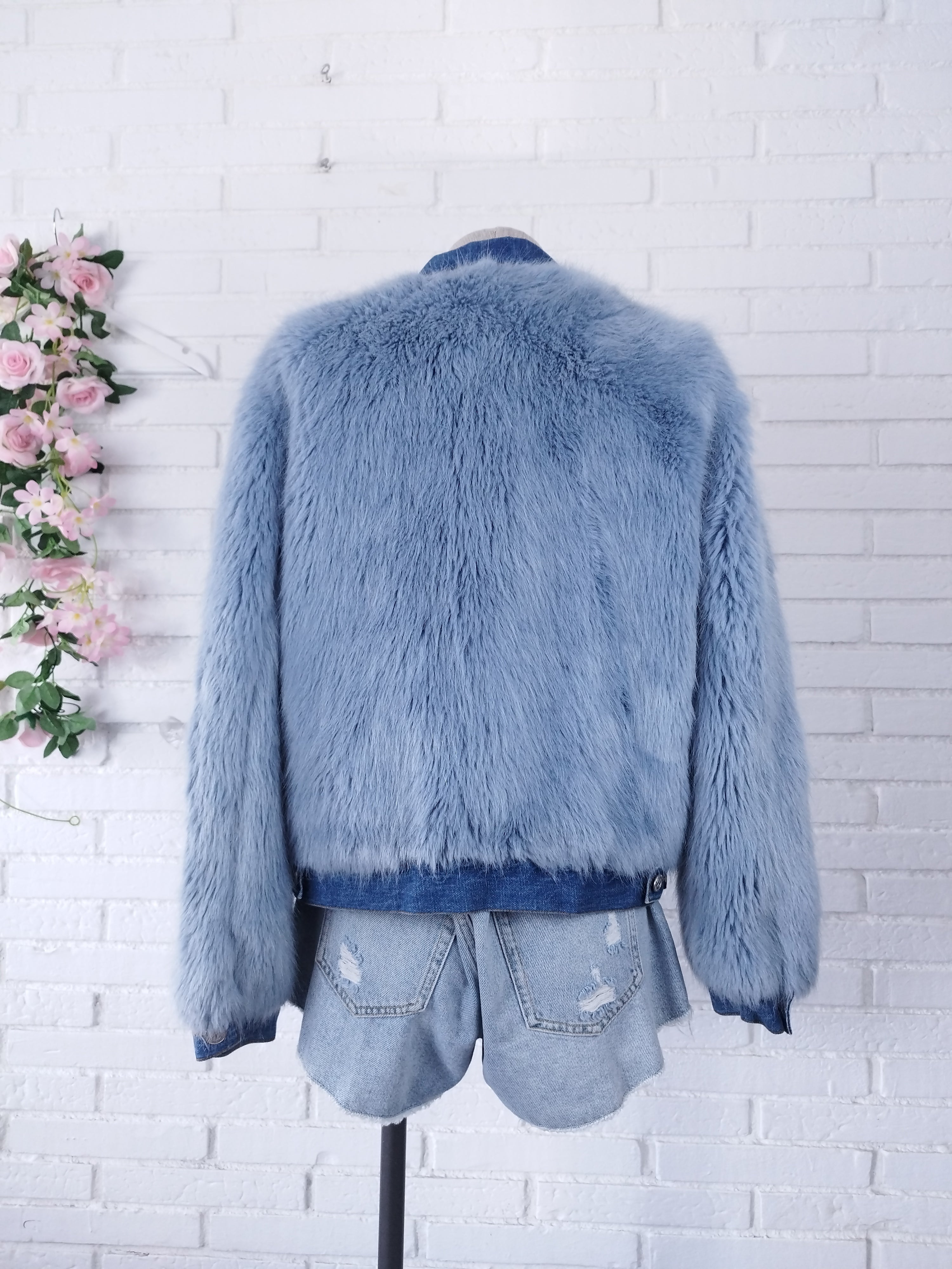 Vintage 2000s Y2K Denim Jacket — Light Blue Faux Fur Street Style Basic Outfit Upgrade