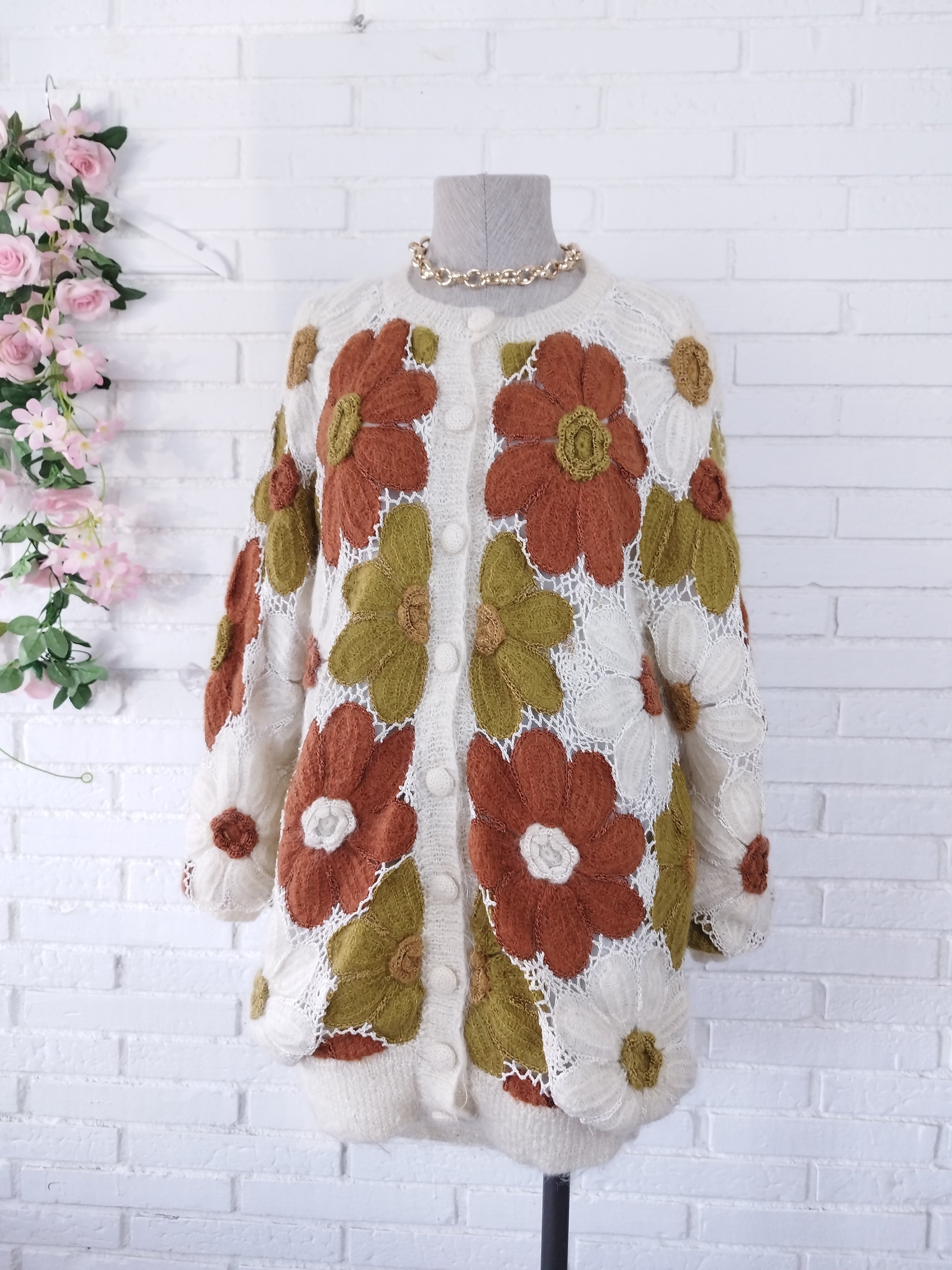 Vintage 90s Long Cardigan — Handmade Crochet & Knit, Floral Design & Wool
