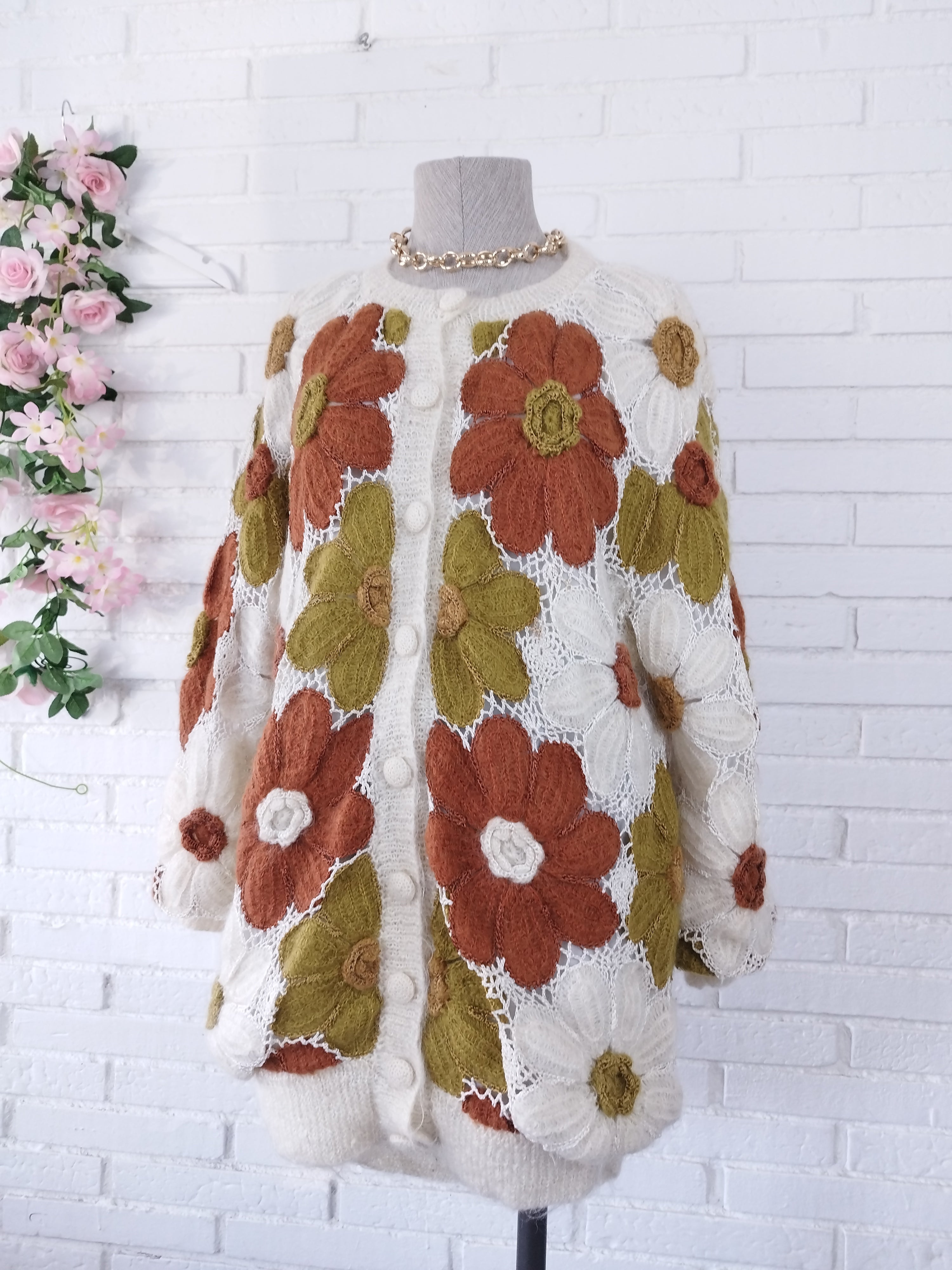 Vintage 90s Long Cardigan — Handmade Crochet & Knit, Floral Design & Wool