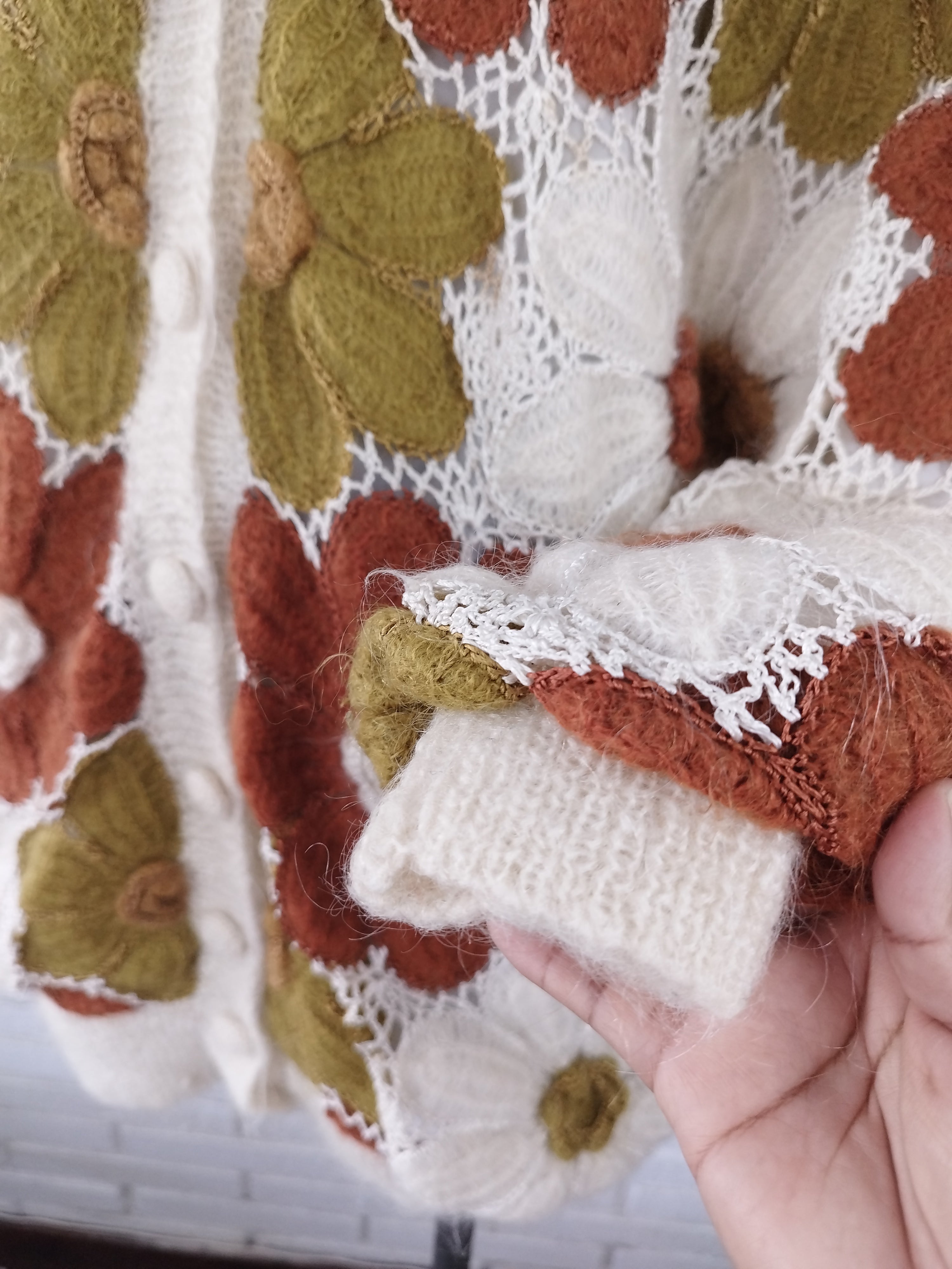 Vintage 90s Long Cardigan — Handmade Crochet & Knit, Floral Design & Wool