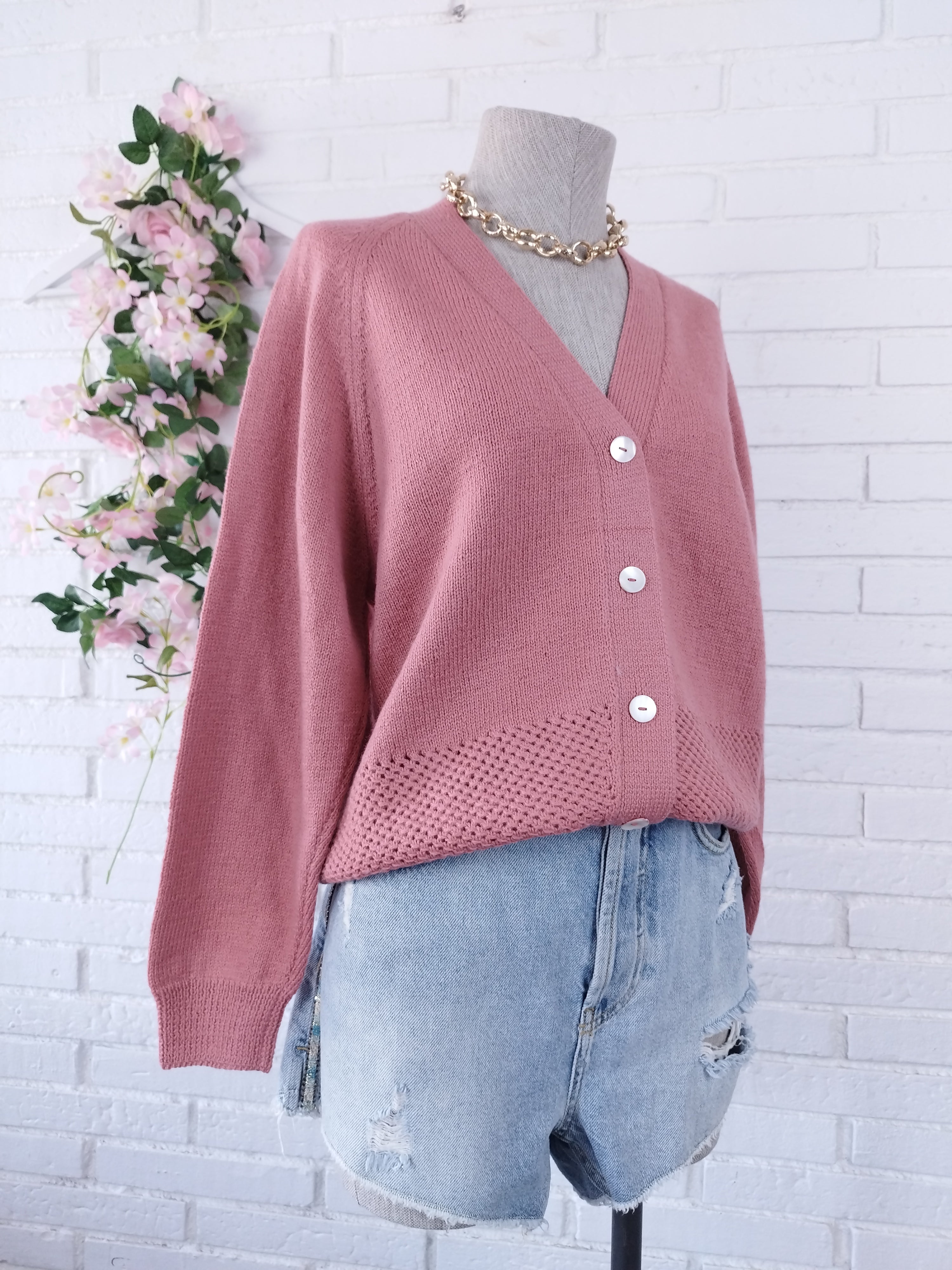 Vintage 90s Pink Cardigan — V-Neck, Wool Knit & Medium Texture
