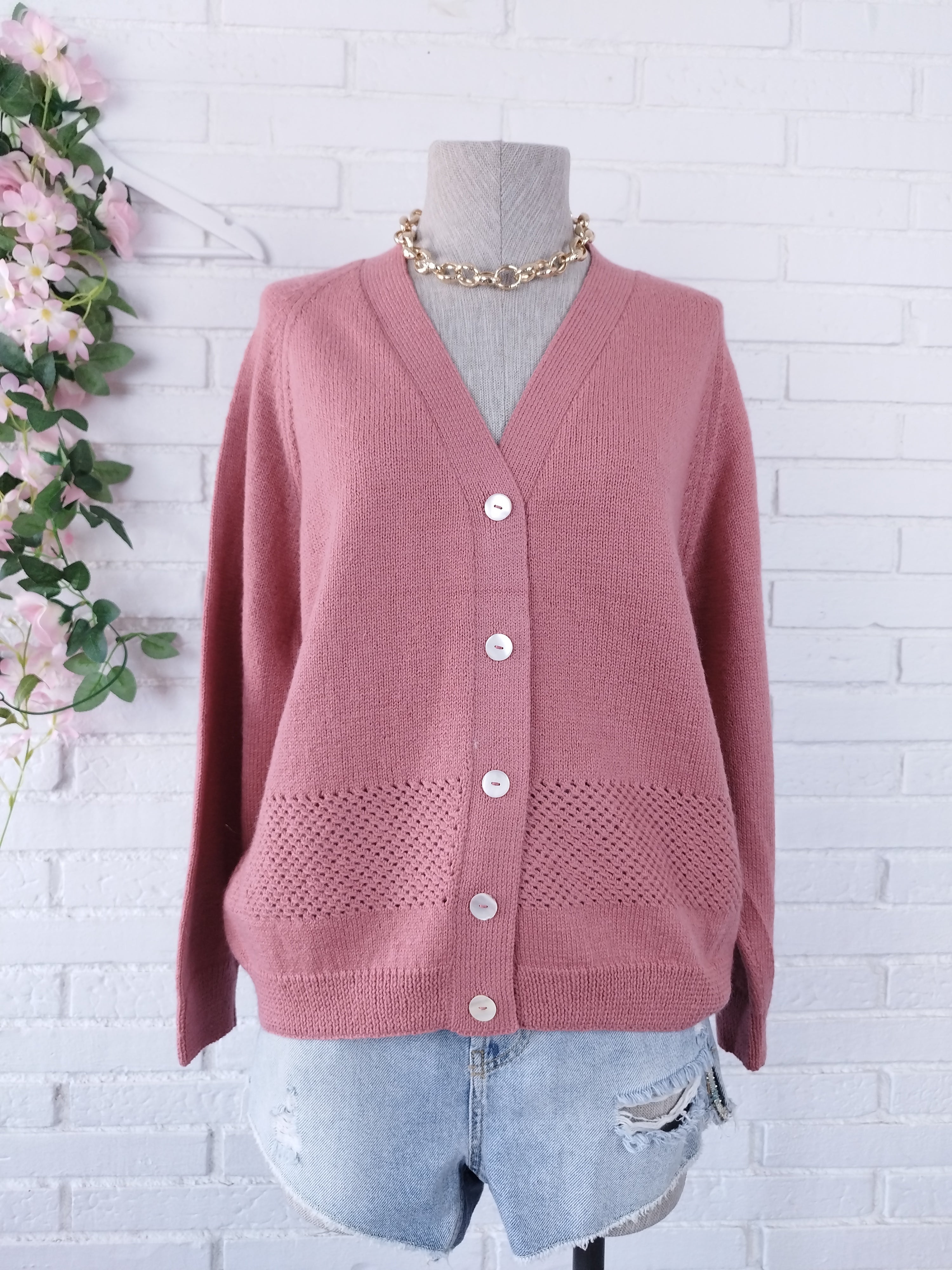 Vintage 90s Pink Cardigan — V-Neck, Wool Knit & Medium Texture