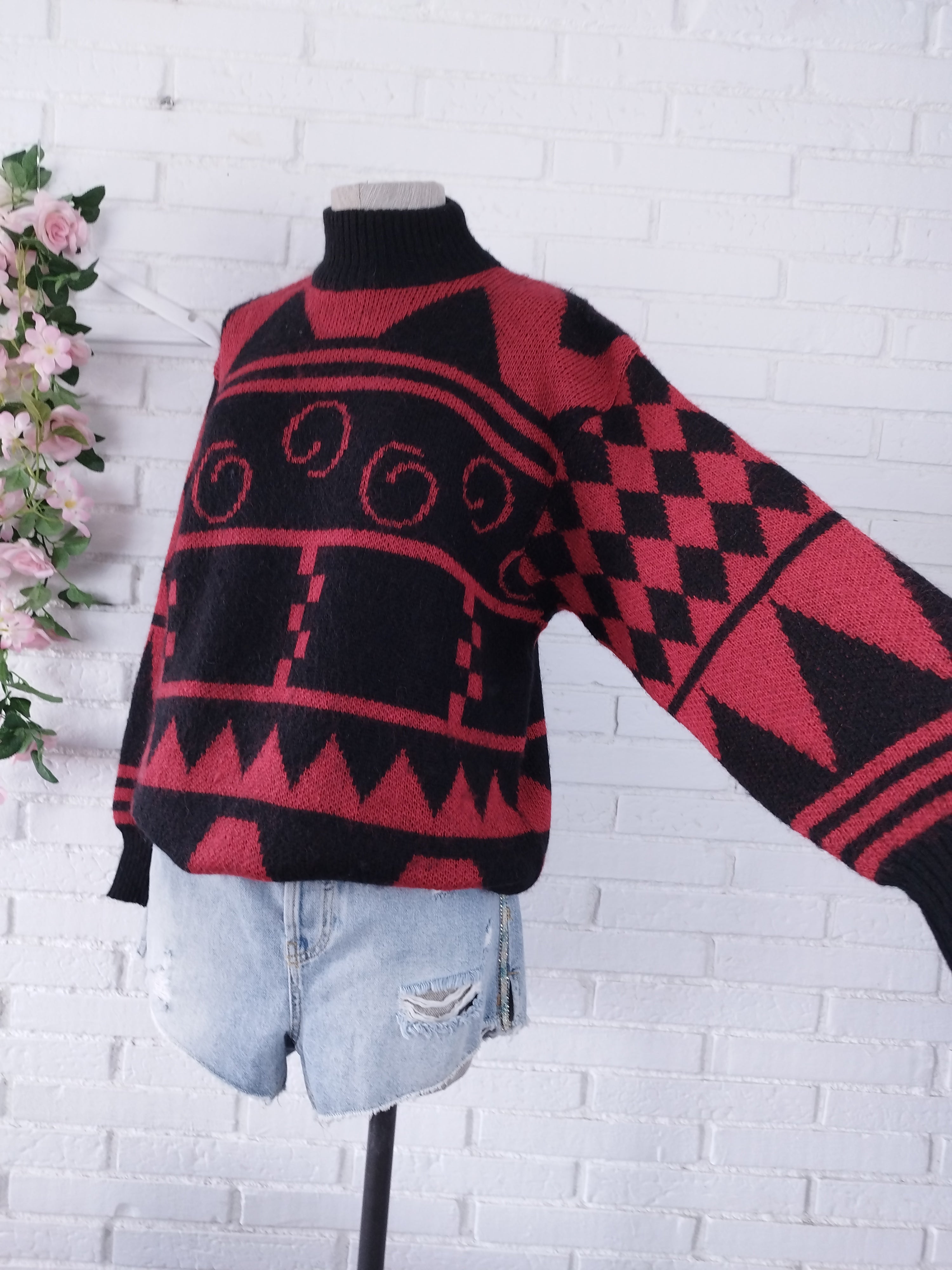 Vintage 90s Wool Knit Sweater — High Neck, Geometric Jacquard & Red-Black Palette