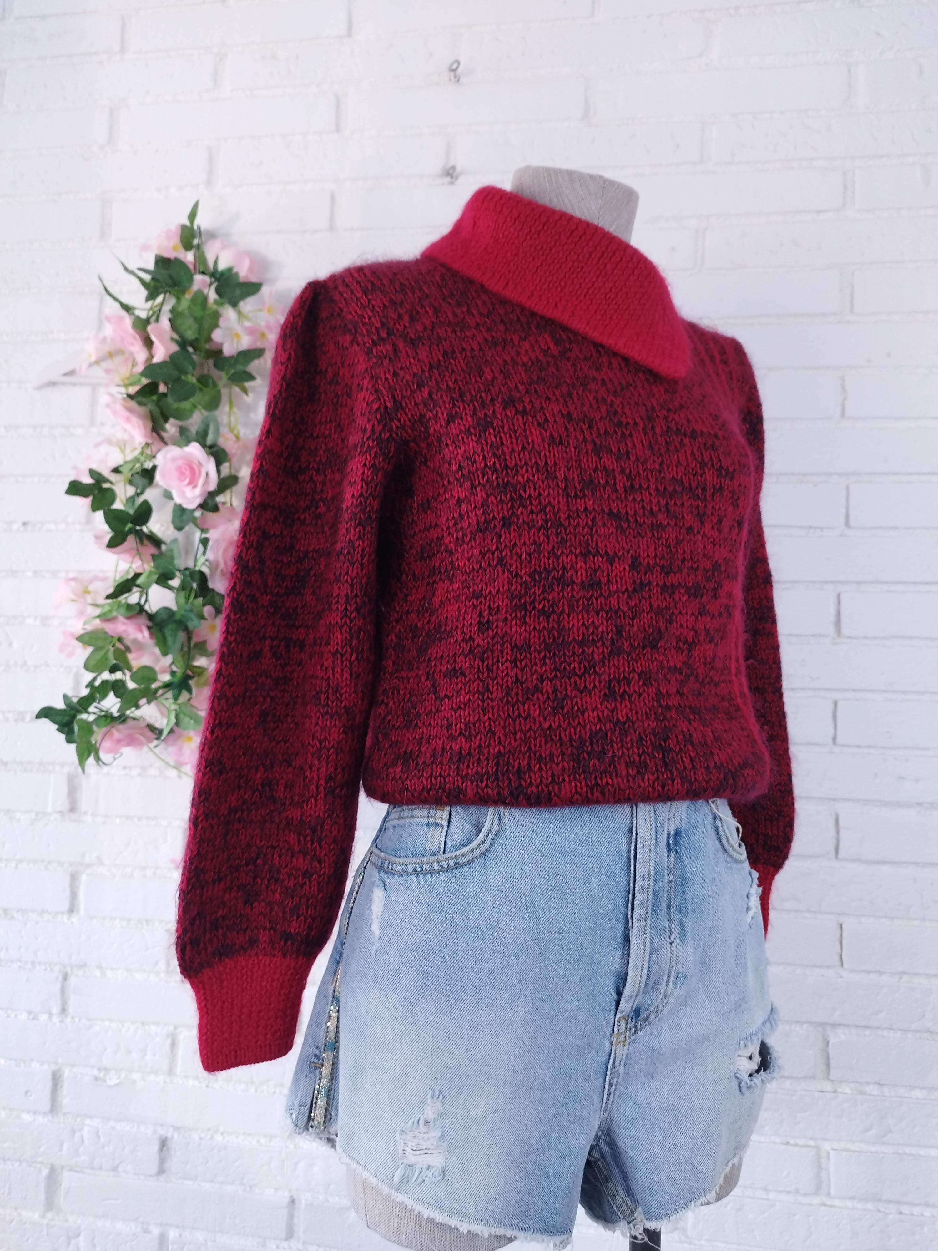 Vintage 90s Handmade Wool Sweater — Turtleneck, Asymmetric Neck &  Red-Bordeaux Mix