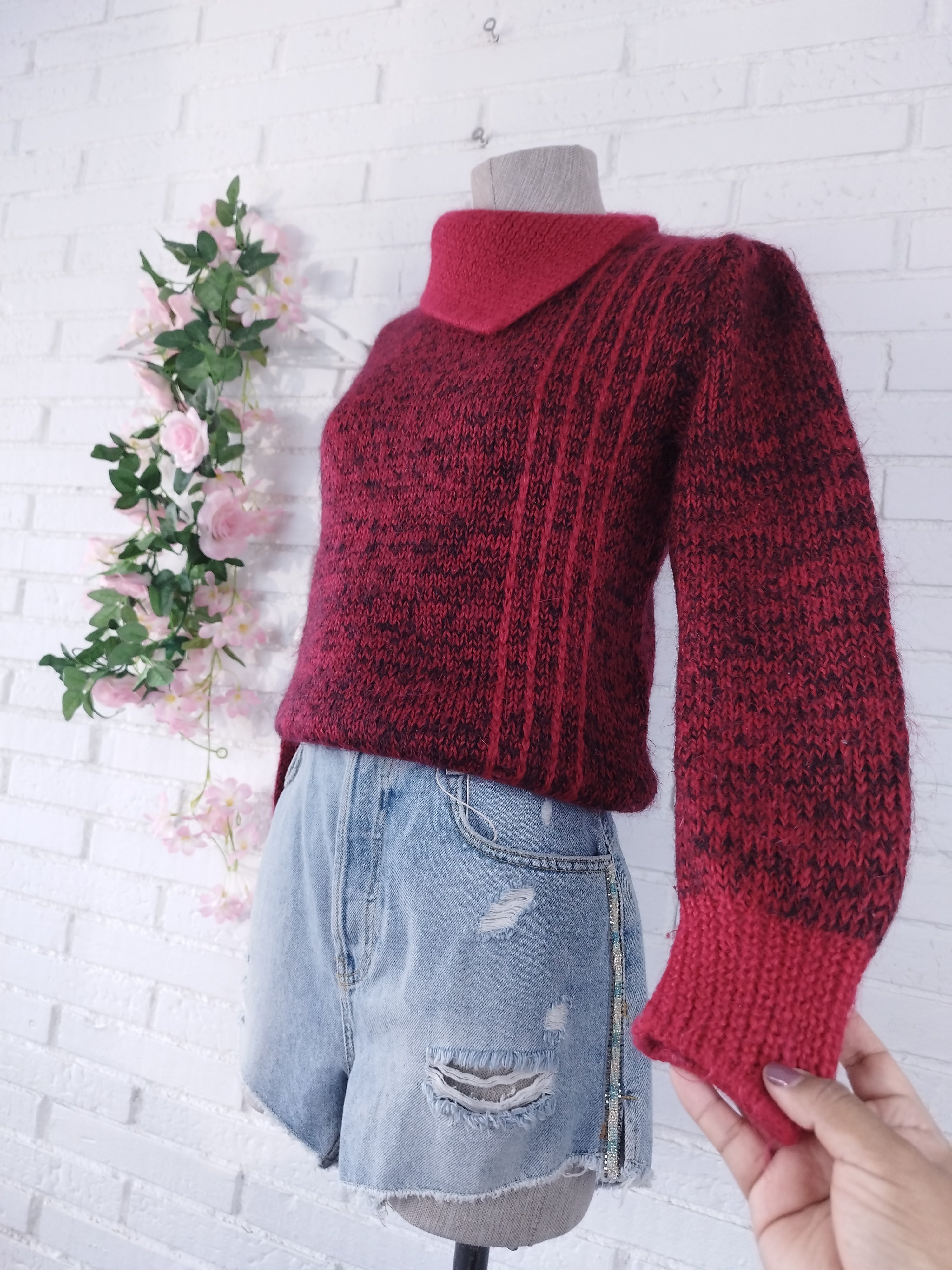 Vintage 90s Handmade Wool Sweater — Turtleneck, Asymmetric Neck &  Red-Bordeaux Mix
