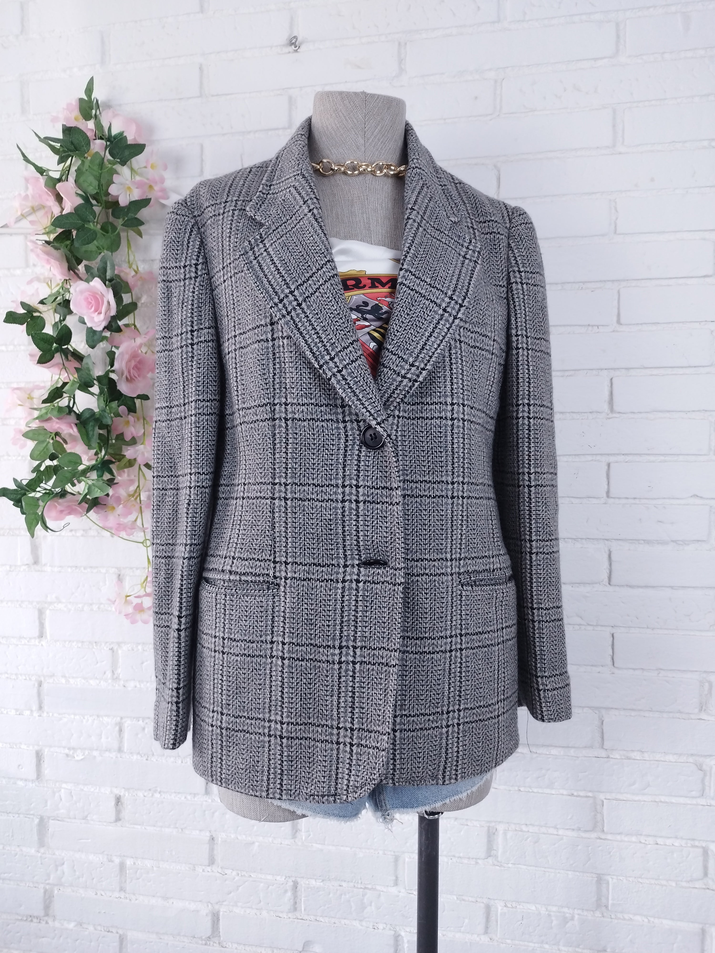 Vintage 90s Wool Blend Blazer — Classic Winter Cut &  Grey Check Pattern