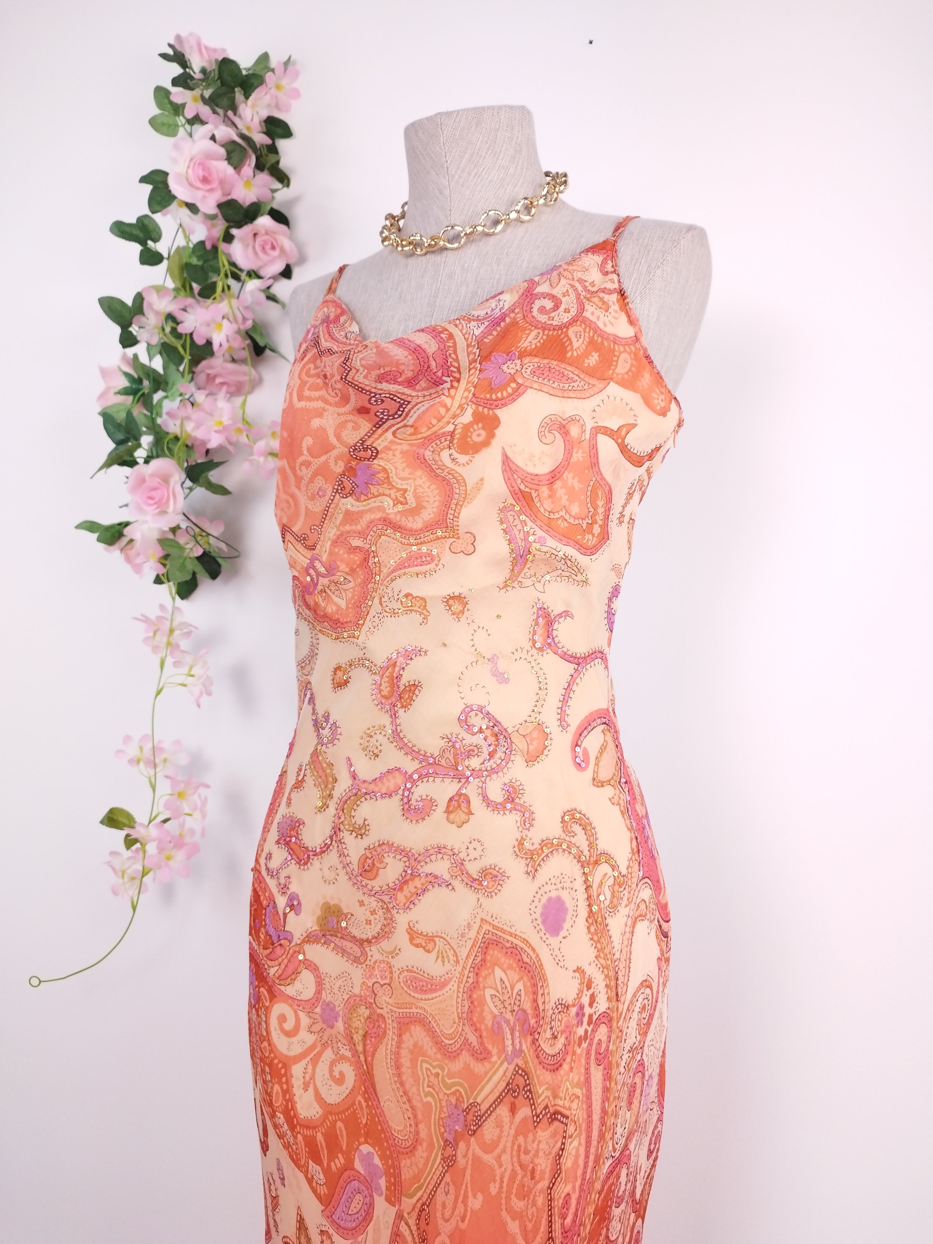 Vintage 2000s Y2K Chiffon Dress — Semi-Draped Neck, Boho Print & Asymmetric Ruffles