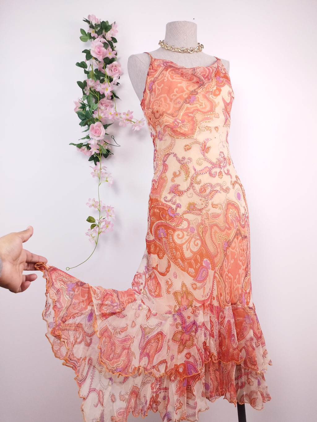 Vintage 2000s Y2K Chiffon Dress — Semi-Draped Neck, Boho Print & Asymmetric Ruffles