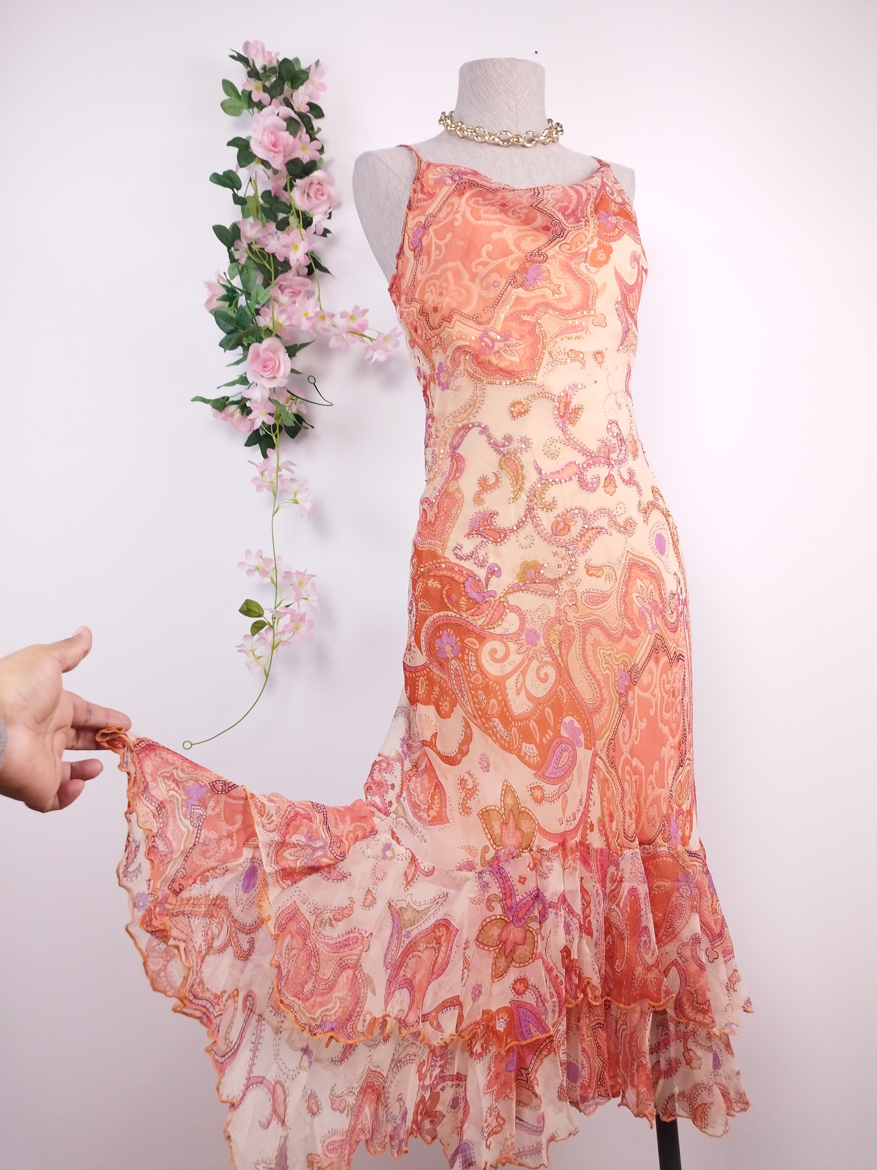 Vintage 2000s Y2K Chiffon Dress — Semi-Draped Neck, Boho Print & Asymmetric Ruffles