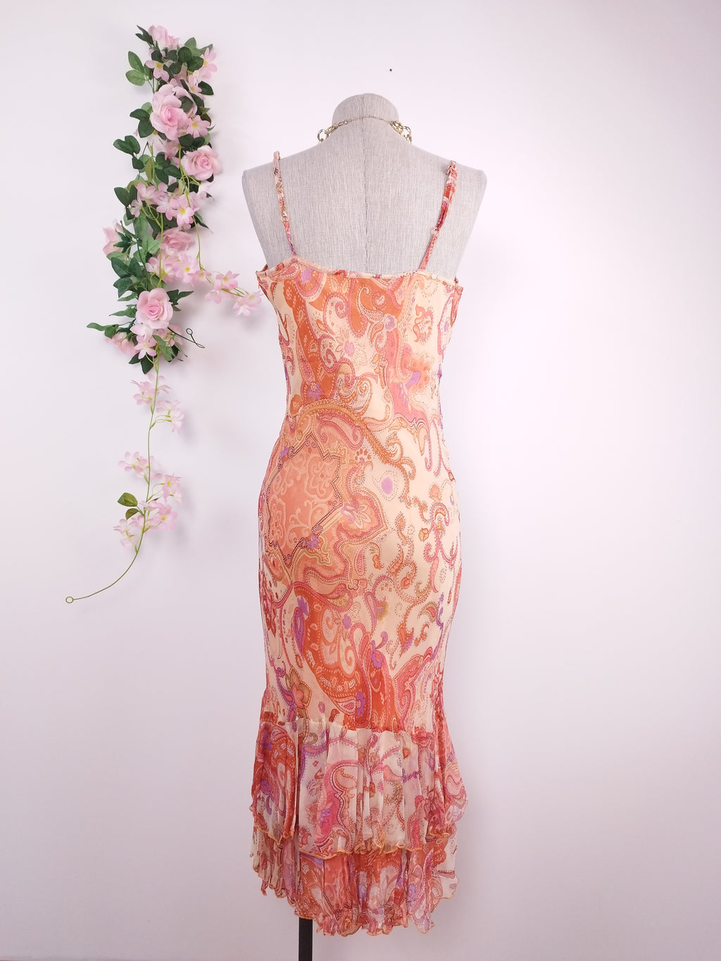 Vintage 2000s Y2K Chiffon Dress — Semi-Draped Neck, Boho Print & Asymmetric Ruffles