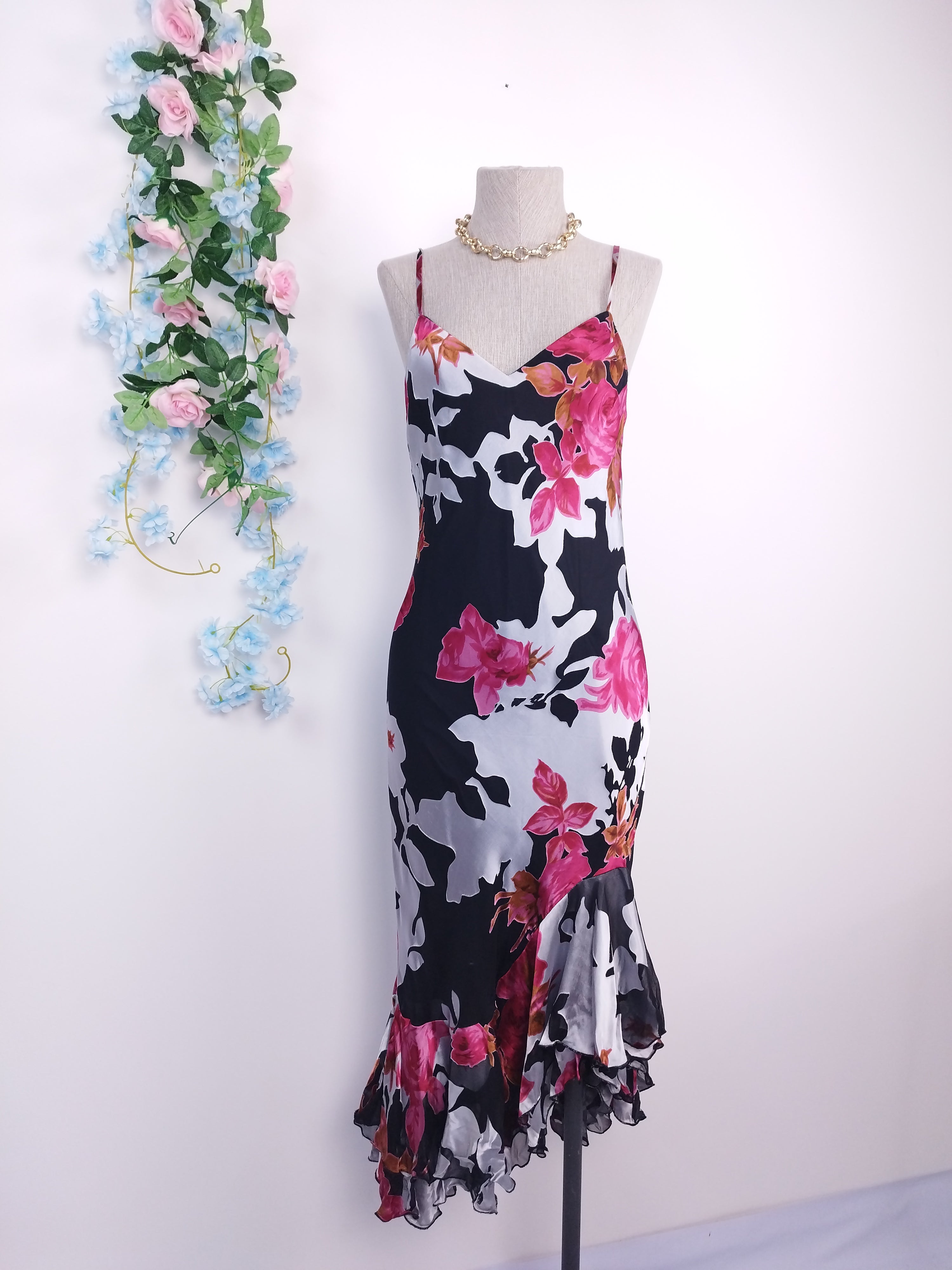 Vintage 90s Slip Dress — Floral Chiffon, Satin Appliqué & Asymmetric Ruffles