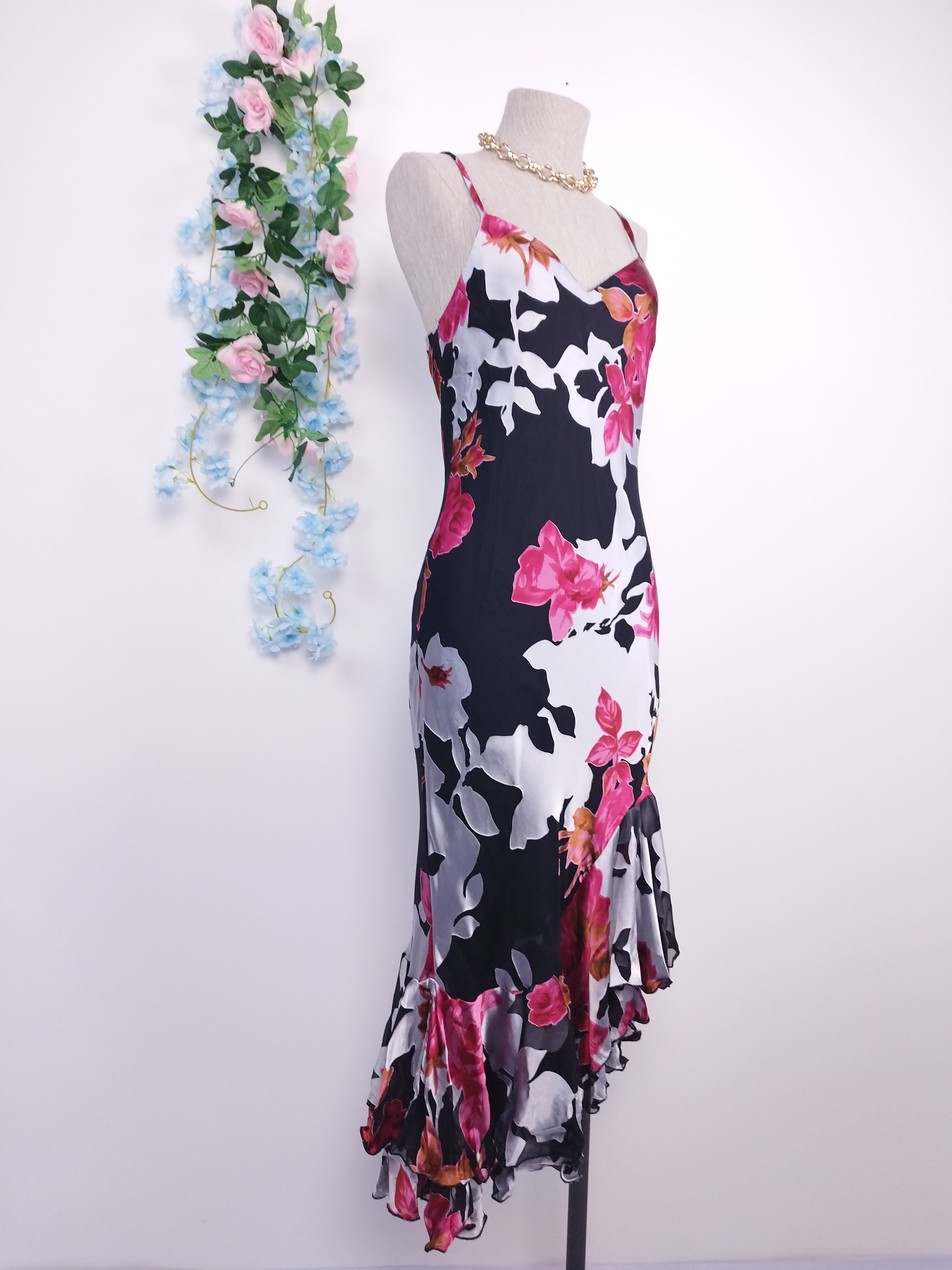 Vintage 90s Slip Dress — Floral Chiffon, Satin Appliqué & Asymmetric Ruffles
